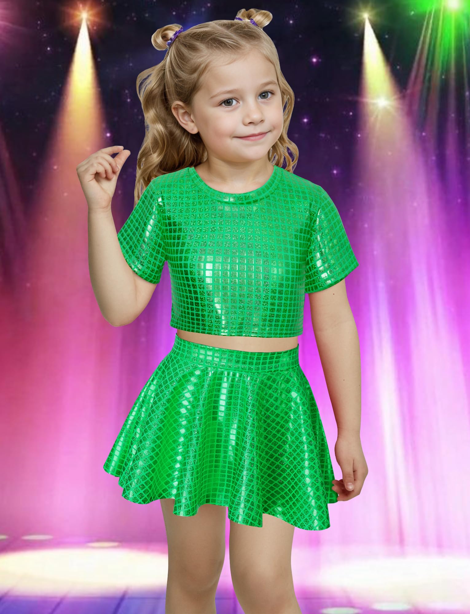 Happy Cherry Conjunto de 2 piezas de falda y top brillante para niña de manga corta metálica de discoteca y minifalda plisada