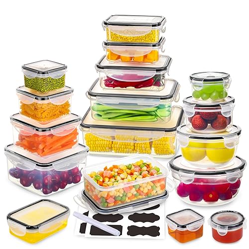 34 PCS Food Storage Containers Set with Airtight Lids (17 Lids &17 Containers) - BPA-Free Plastic Food Container for Kitchen Storage Organization, Fruit Meal-prep Containers with Labels & Marker - 17 Pack