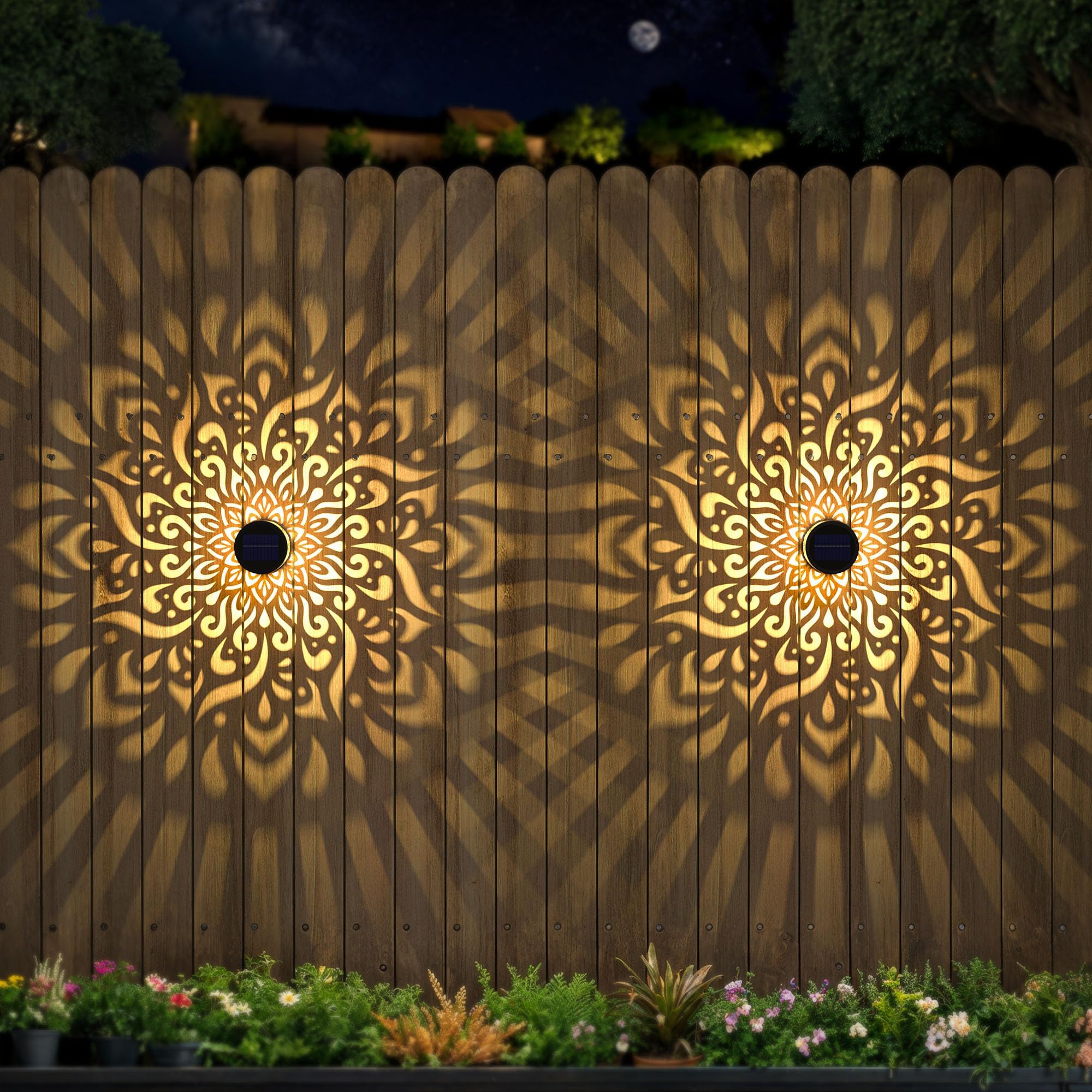 Lot de 2 grandes lampes solaires de clôture en métal, éclairage solaire pour mur extérieur, terrasse, marches, motif mandala, lampe de clôture étanche pour poteau de jardin, patio, arrière-cour