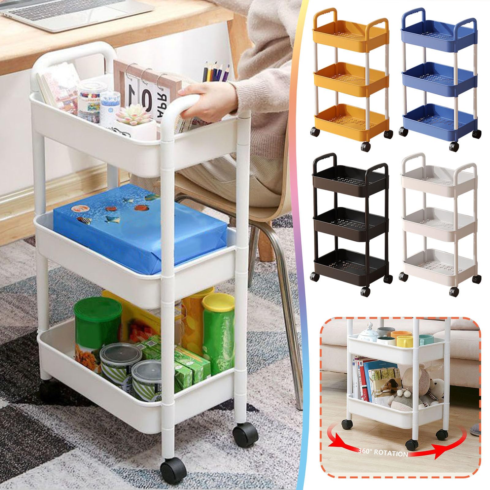 Generisch Carrello portaoggetti a 3 ripiani, carrello da cucina con ruote, organizer multifunzione, girevole a 360°, scaffale mobile, per cucina, camera da letto, camera dei bambini e