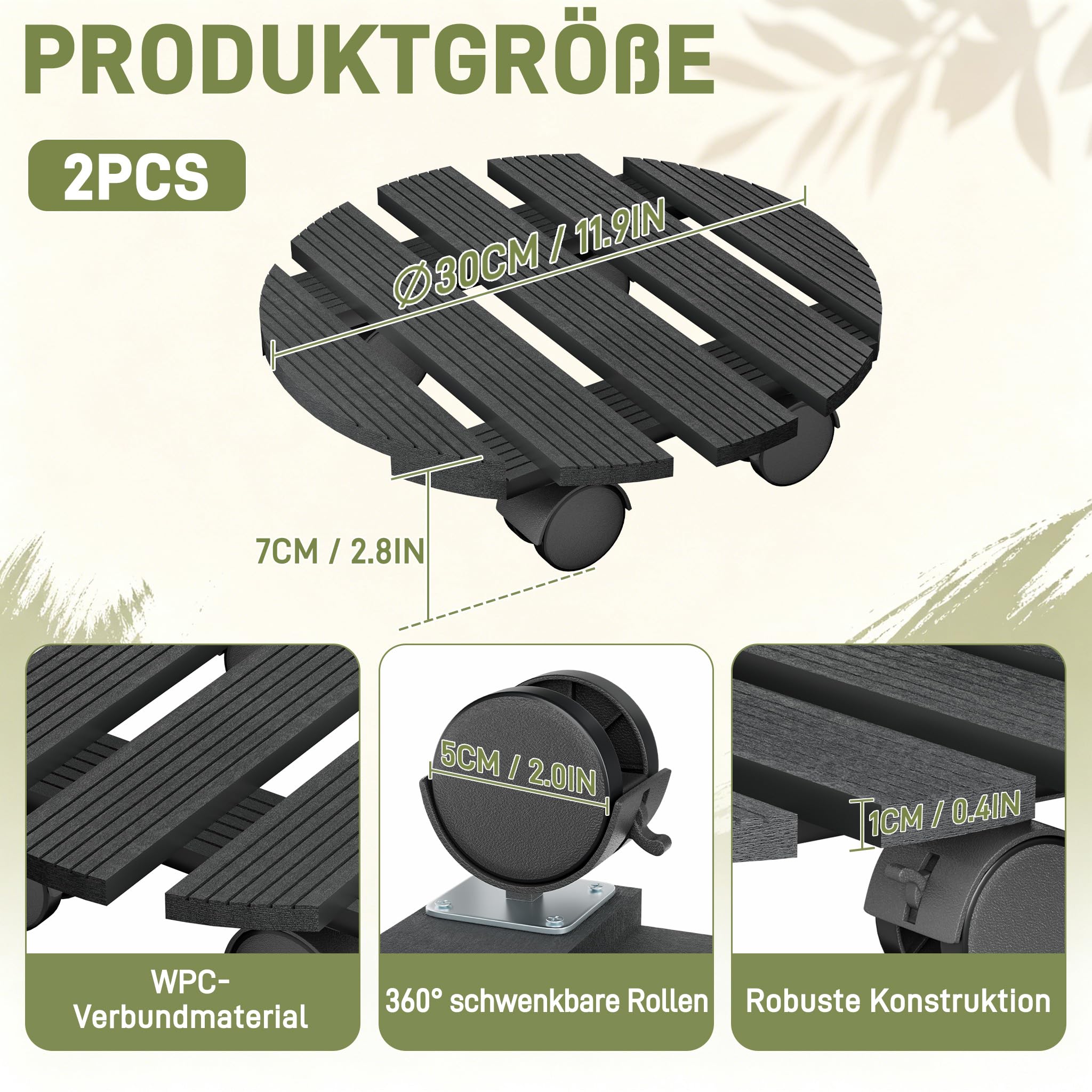 XMTECH 2x WPC-Pflanzenroller Witterungsbestaendig 100 kg Tragkraft, Pflanzenroller & Blumenroller ø30cm für Außenbereich + Innenbereich, Rollbrett Pflanzen, Untersetzer mit Rollen, Rund, Anthrazit