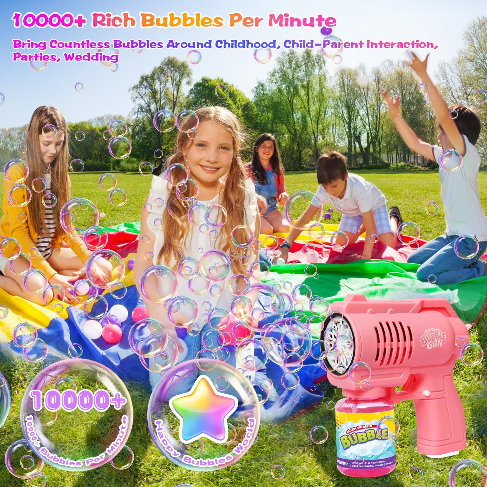Panamalar Macchina Automatica Bolla, Pistola Bolla per Bambini, 10000+Bolla per min Giocattoli Creatore di Bolle, 130ml Soluzione Portatile Soffiatore di Bolle con Luci per Giardino Festa Nozze Regalo