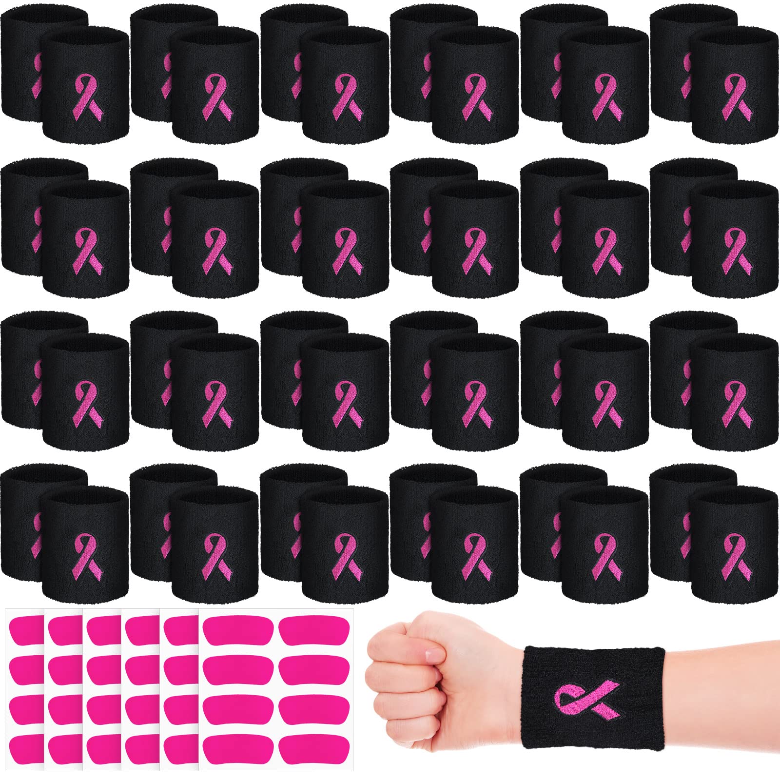 25 Pairs Pink Ribbon Wristbands Breast Cancer Awareness Sweatband for Women Breast Care Day, Sports Wristbands for Football Basketball with 50 Pairs Eye Stickers (Black)