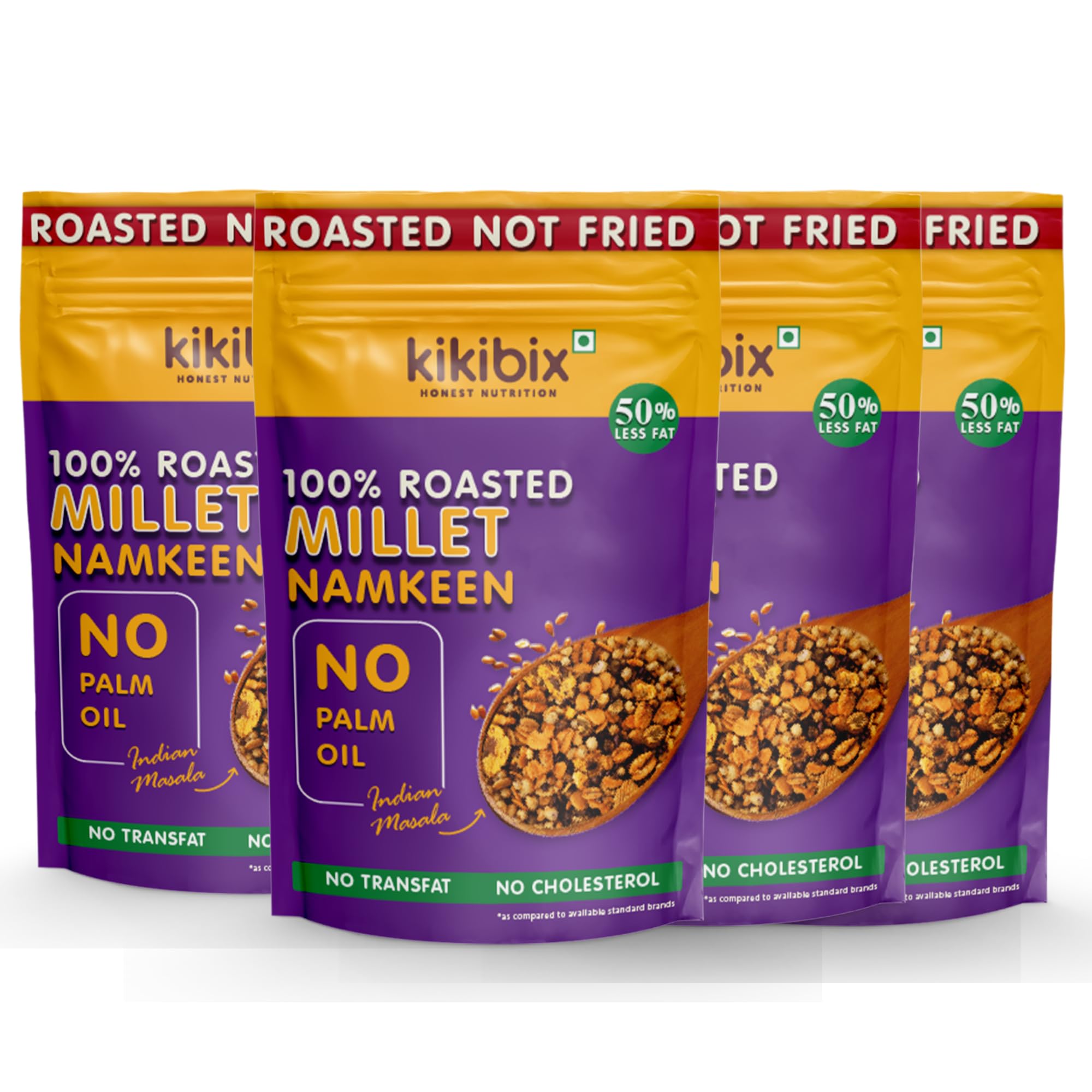 Kikibix Healthy Roasted Millet Namkeen, Non Fried Snacks for Weight Loss, Low Fat, No Cholesterol, Chatpata Snacks for Diabetics made with Millets, Oats, Flax Seeds, Chana, Moong, Pack of 4