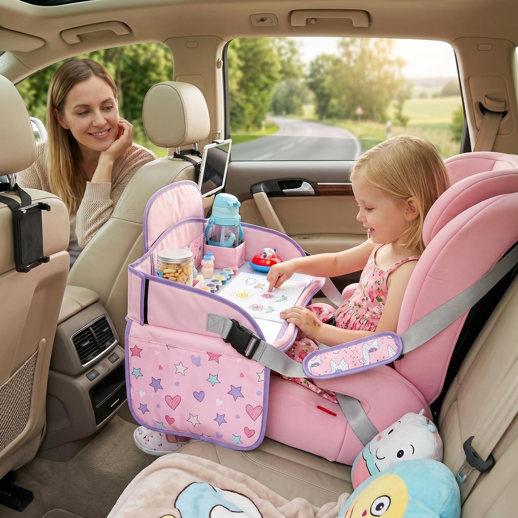 Vassoio per auto per bambini, tavolino portatile per seggiolino auto per bambini Tavolo pieghevole compatibile con touchscreen con spazio organizzato per giocattoli, libri, snack, Style-2