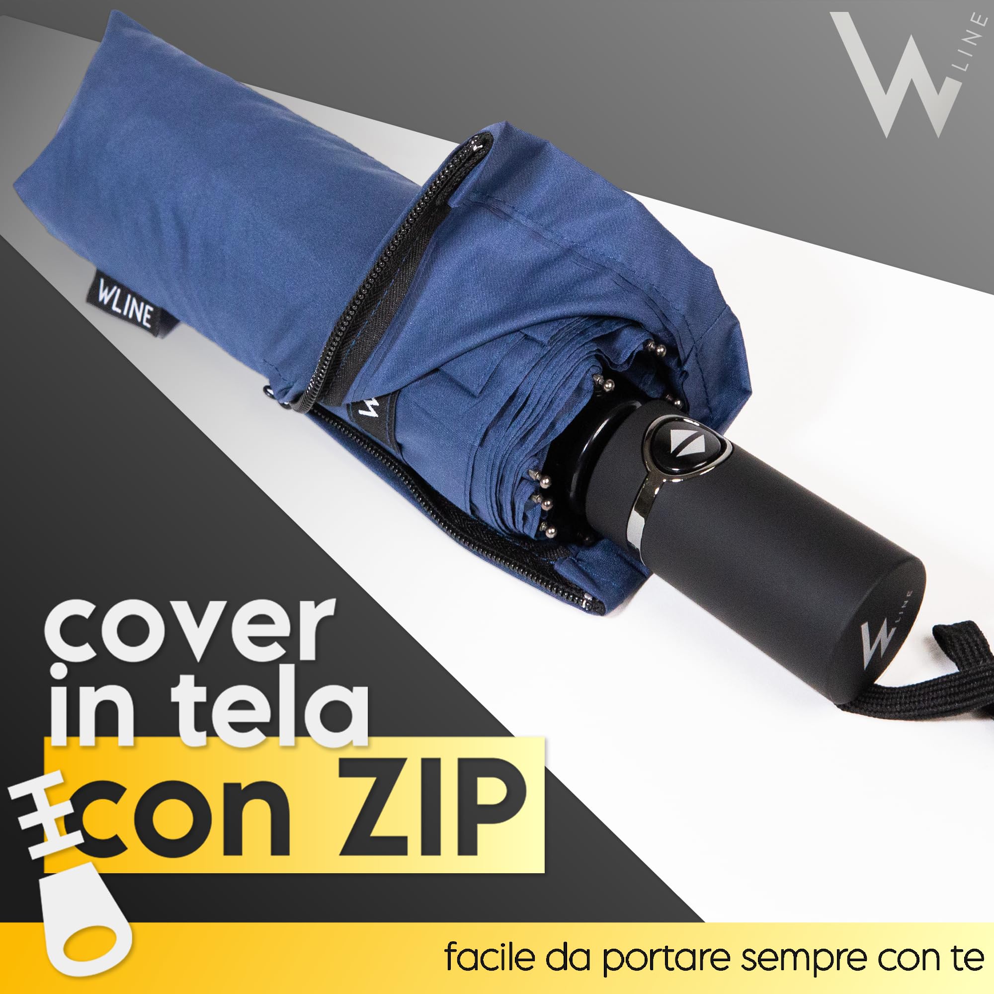 WLine Wind Ombrello Pieghevole Antivento da Pioggia con Apertura e Chiusura Automatica, Stoffa Teflon, Struttura Ultraresistente, Diametro 104cm (Blu senza Custodia)