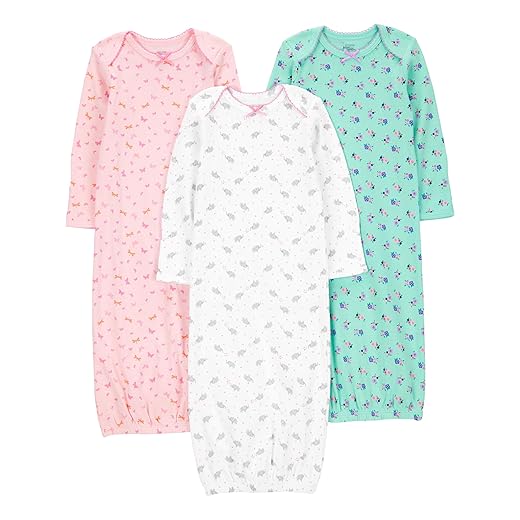 Simple Joys by Carter's Baby Girls' Cotton Sleeper Gown, Pack of 3, Pink/Mint Green/White, 0-3 Months