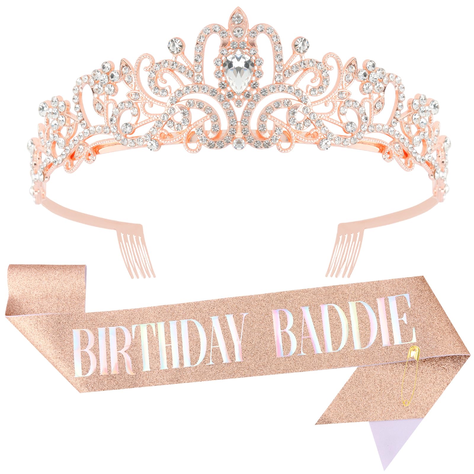 FASOTY Birthday Baddie Sash and Crown for Women Girls - Rose Gold Glitter with Dazzling Colored Foil Birthday Girl Sash and Crown Funny Birthday Party