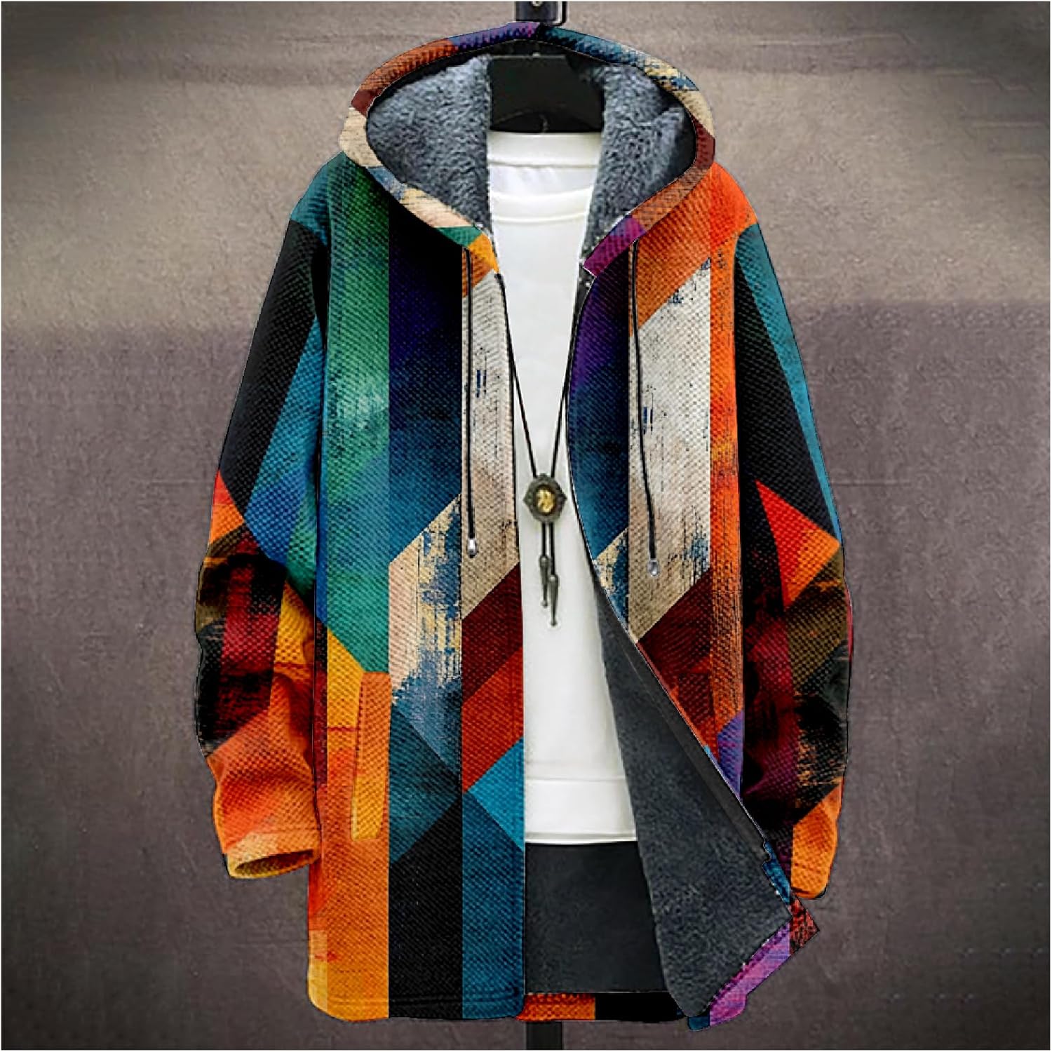 BIVENANT Mens Long Cardigan Hoodies Color Block Hooded Jacket Horse Print Open front Sweater Hoodie with Pockets Coat