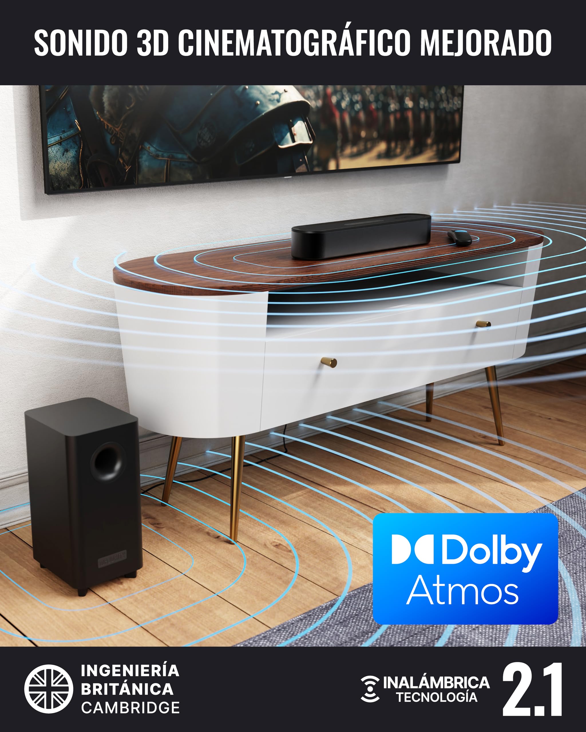 MAJORITY Bowfell Axis Atmos Barra de Sonido TV | 200W Home Cinema Soundbar con Subwoofer | 2.1 Dolby Atmos Altavoces para TV con HDMI eARC | Barra de Sonido PC Bluetooth 5.3 | Teatro en Casa Sound Bar