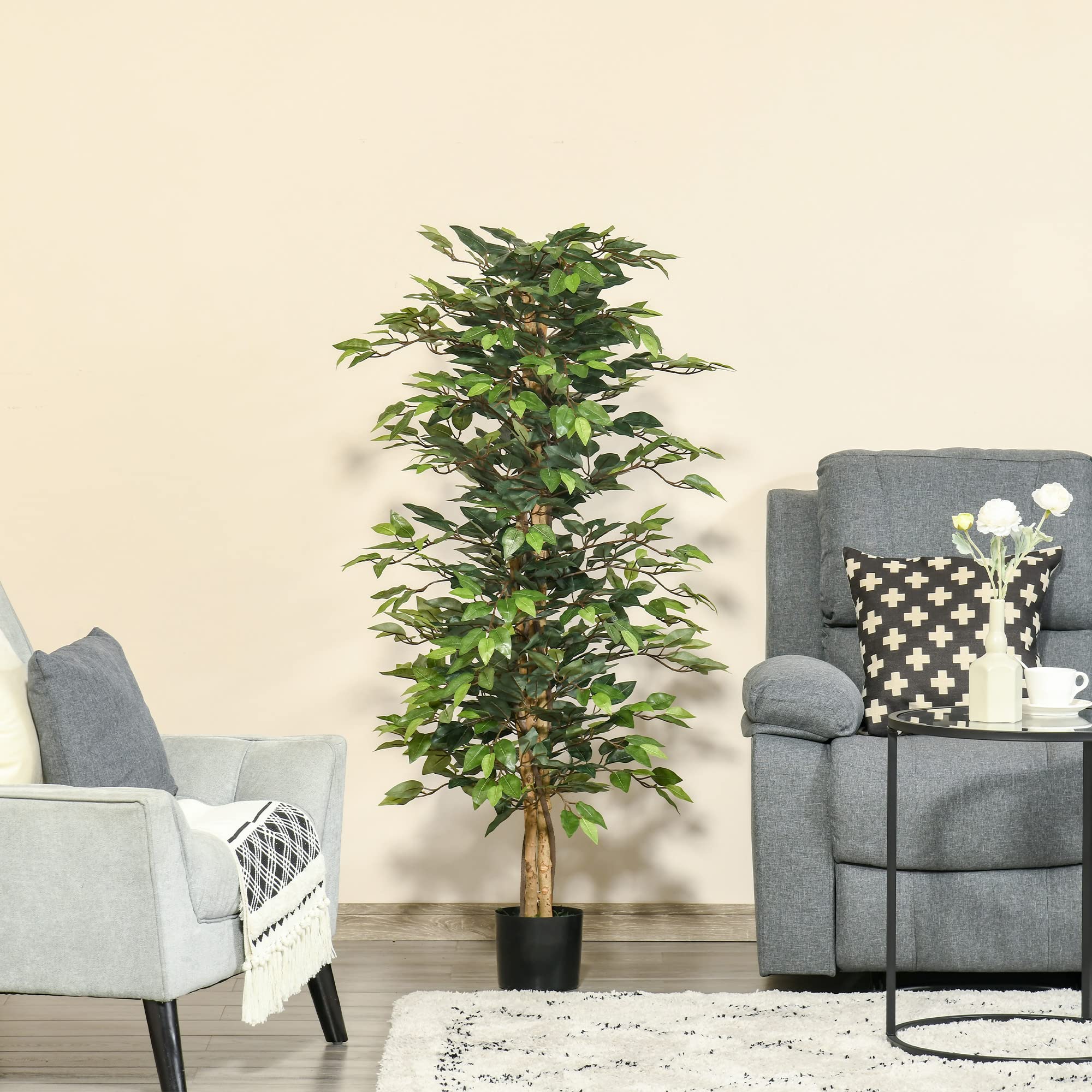 HOMCOM Arbre Artificiel Plante Artificiel ficus Hauteur 1,5 m Tronc Branches Liane Lichen Feuilles Grand réalisme Pot Inclus