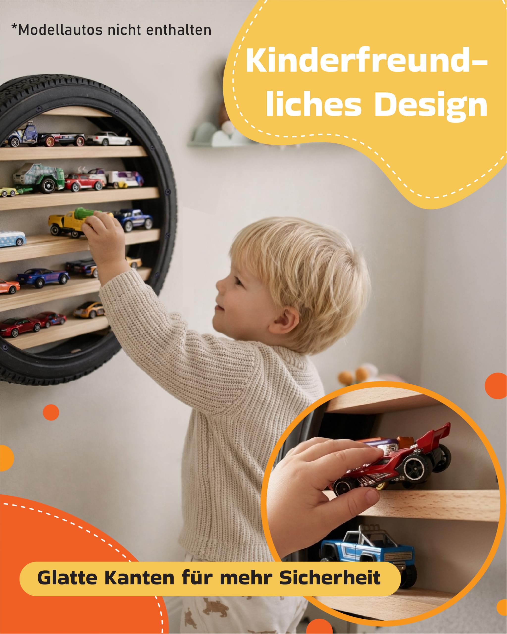 Tapeera Modellauto Vitrine im Reifen-Design – Wandregal für Spielzeugautos – Holz Regal für 18 Diecast Autos im Maßstab 1:64 – kompatibel mit Hot Wheels & Matchbox – Ø 40 cm