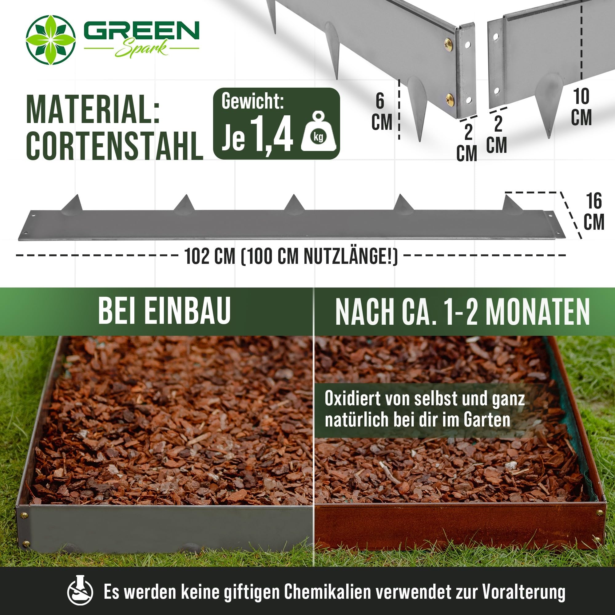 Cortenstahl Rasenkante [Schneckenabweisend] mit Berührschutz | 10x 1m, 1,5mm dick | zur Garten- und Beetgestaltung | Beeteinfassung Metall Cortenstahl Beeteinfassung Rasenkante Metall