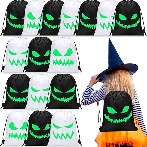 Paterr 16 bolsas de recuerdo de Halloween, con cara espeluznante, bolsa pequeña con cordón, bolsa de regalo para aula, Halloween, fiesta de