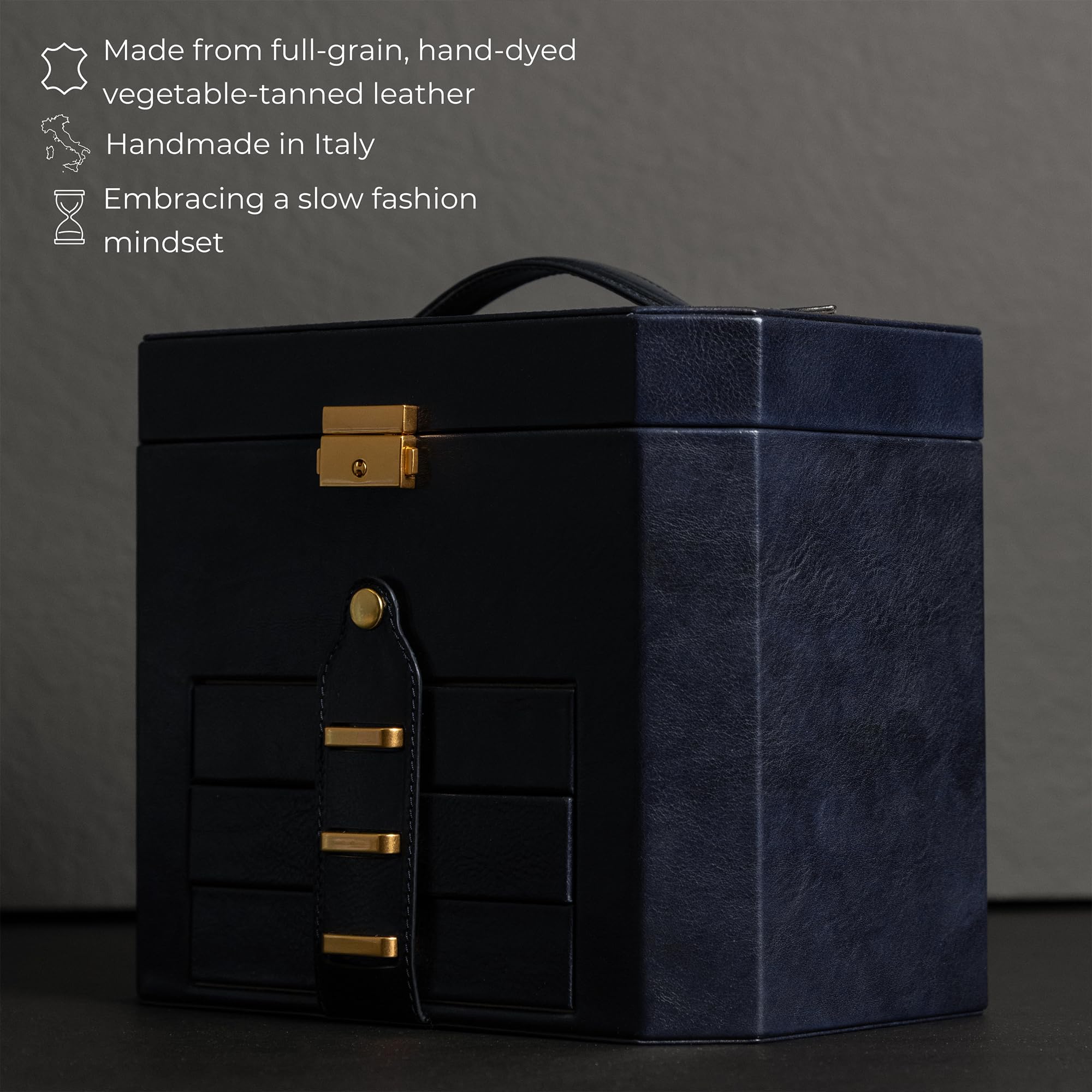 Time Resistance Leder Schmuckkästchen - Marineblaue Schmuckaufbewahrung - Schmuck Verstauen - Schmuckkasten mit Spiegel - Schmuck Organizer mit Vielen Fächern - Jewelry Box