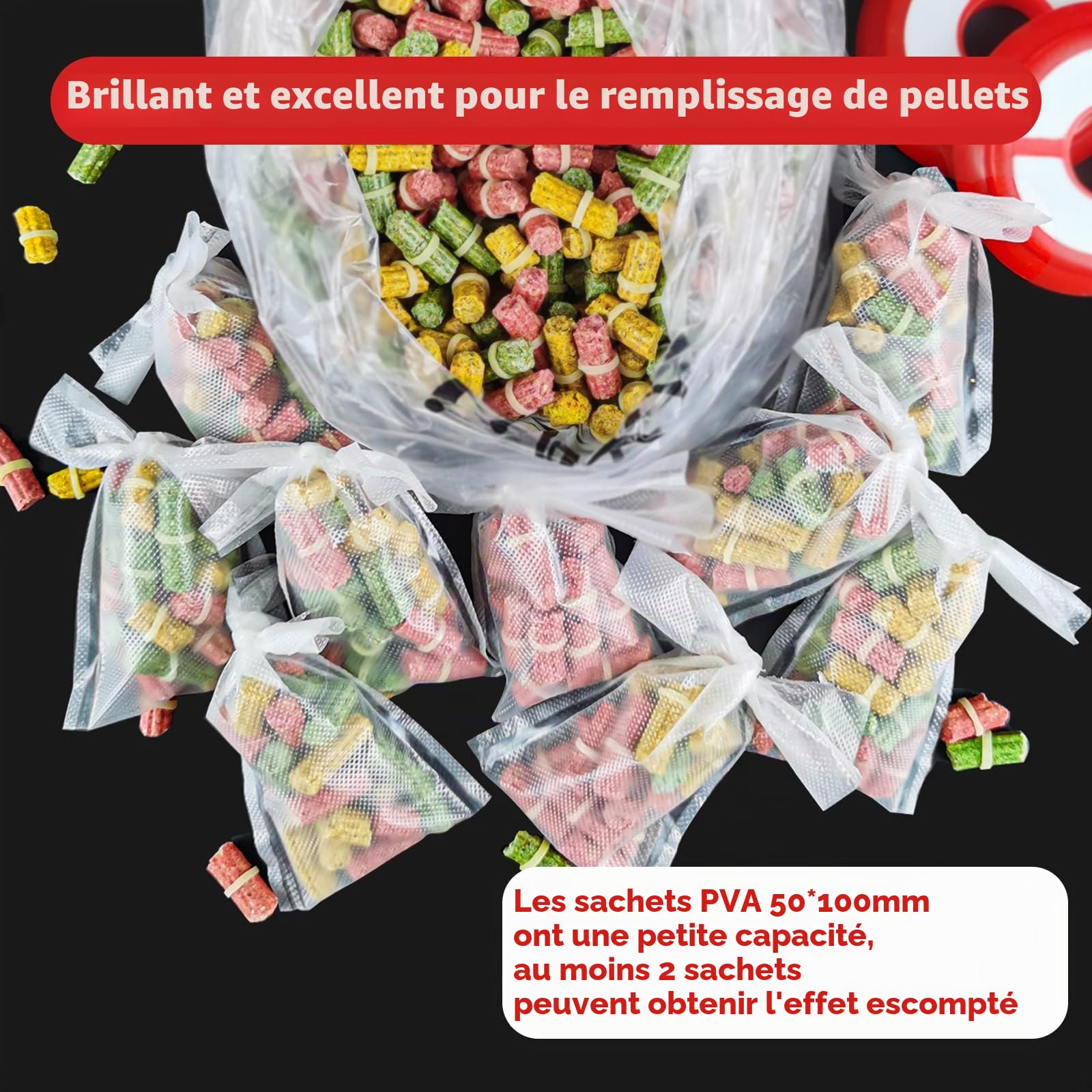 Realure Lot de 100 sachets PVA pour pêche à la carpe, sacs PVA à dissolution rapide pour bouillettes, carpe, nourriture, maïs en conserve, farine de poisson, pellets, 50 x 100 mm, 70 x 100 mm