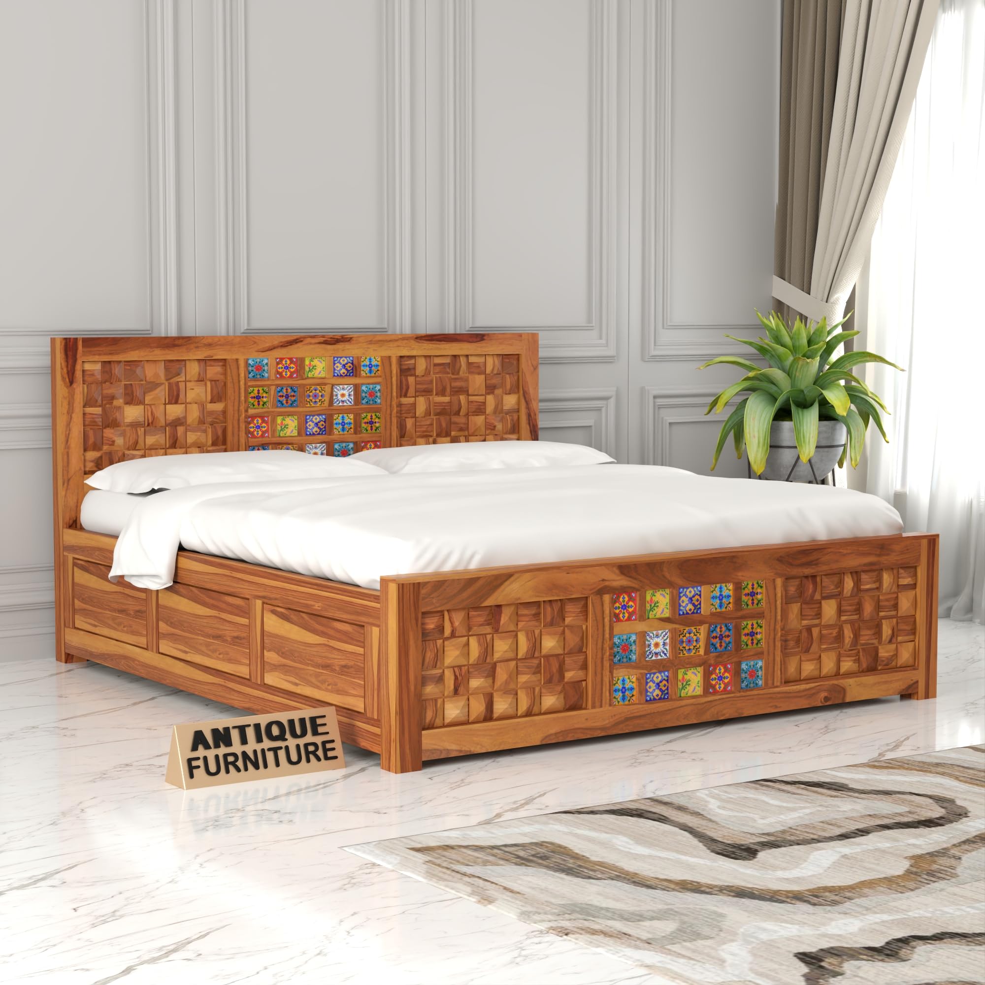 Sheesham Wood Queen Size Bed with Box Storage for Bedroom Living Room | Solid Wood Bed Hotel | Rosewood Palang Cot | Double Bed (Honey, Queen Size)-image-38