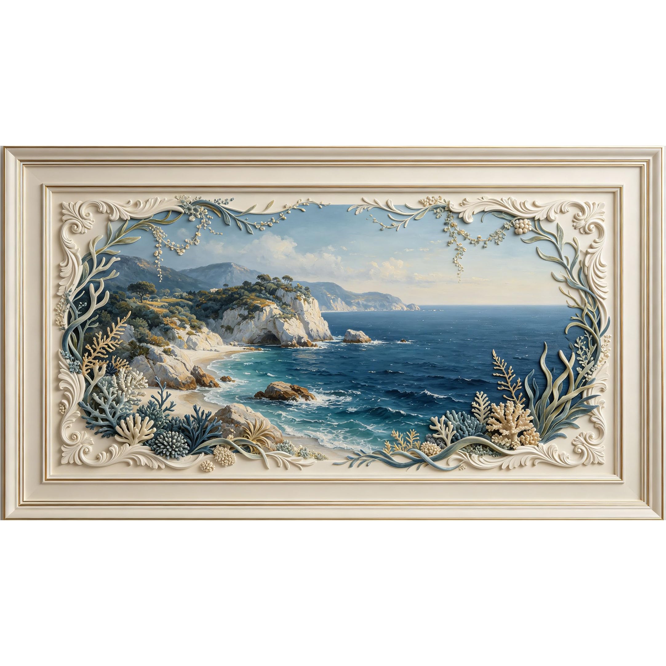 QZLITHOTIC 50x90cm3D Framed Wall Art， Coastal Ocean Cliff Landscape Self‑Adhesive Mural， Water‑Activated Peel & Stick Fabric Decor Wall Decal for Bedroom Living Room