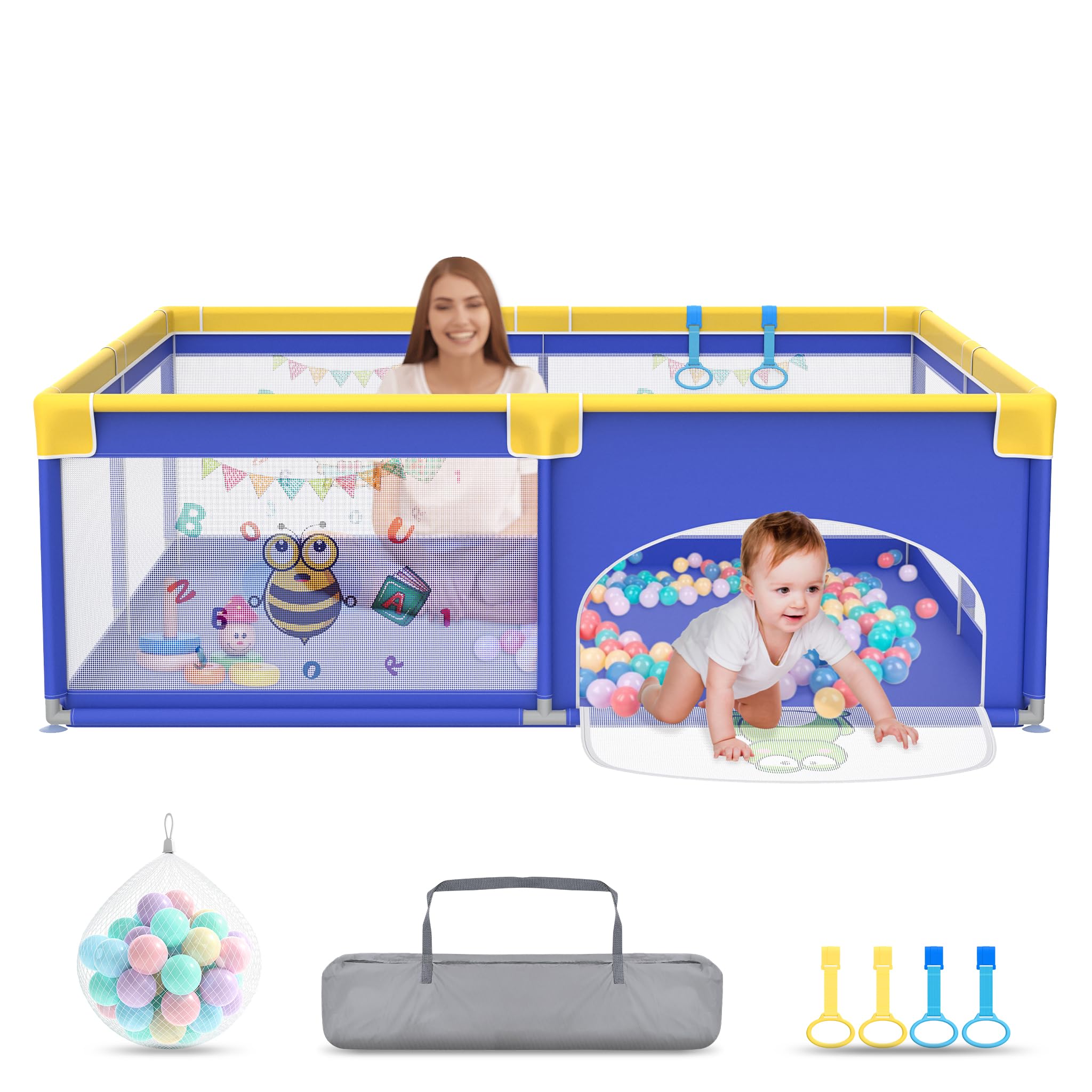 UISEBRT Parc pour bébé 180x200cm avec 50 balles océaniques & 4 anneaux de traction & sac de transport, parc pliable avec filet respirant pour enfants, bleu avec motifs animaux