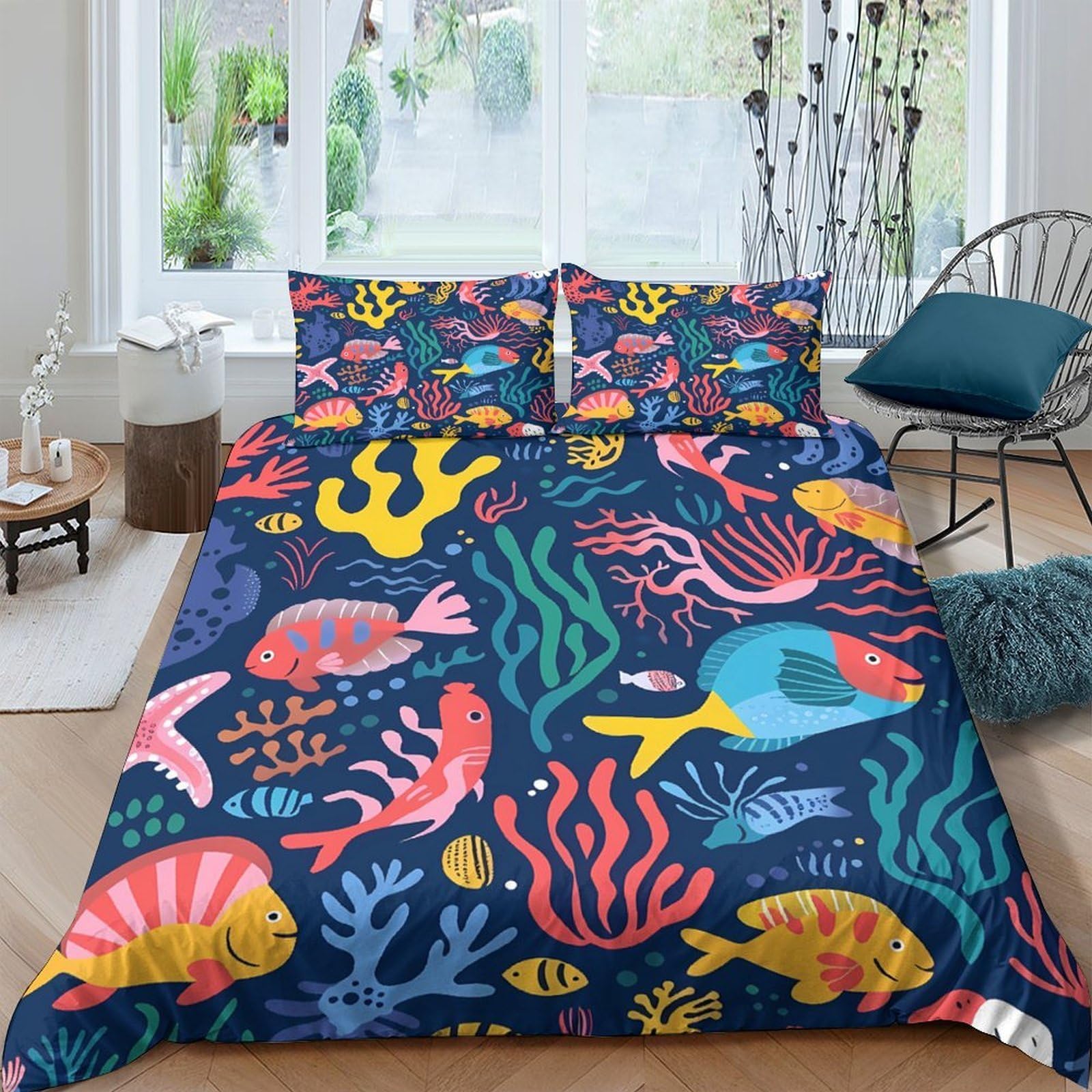 GPLZQXKJNH 3D Printed Ocean Fish Duvet Cover Microfiber Soft Underwater Coral Bedding Set with 2 Pillowcases for Bedroom Decor Single（135x200cm）