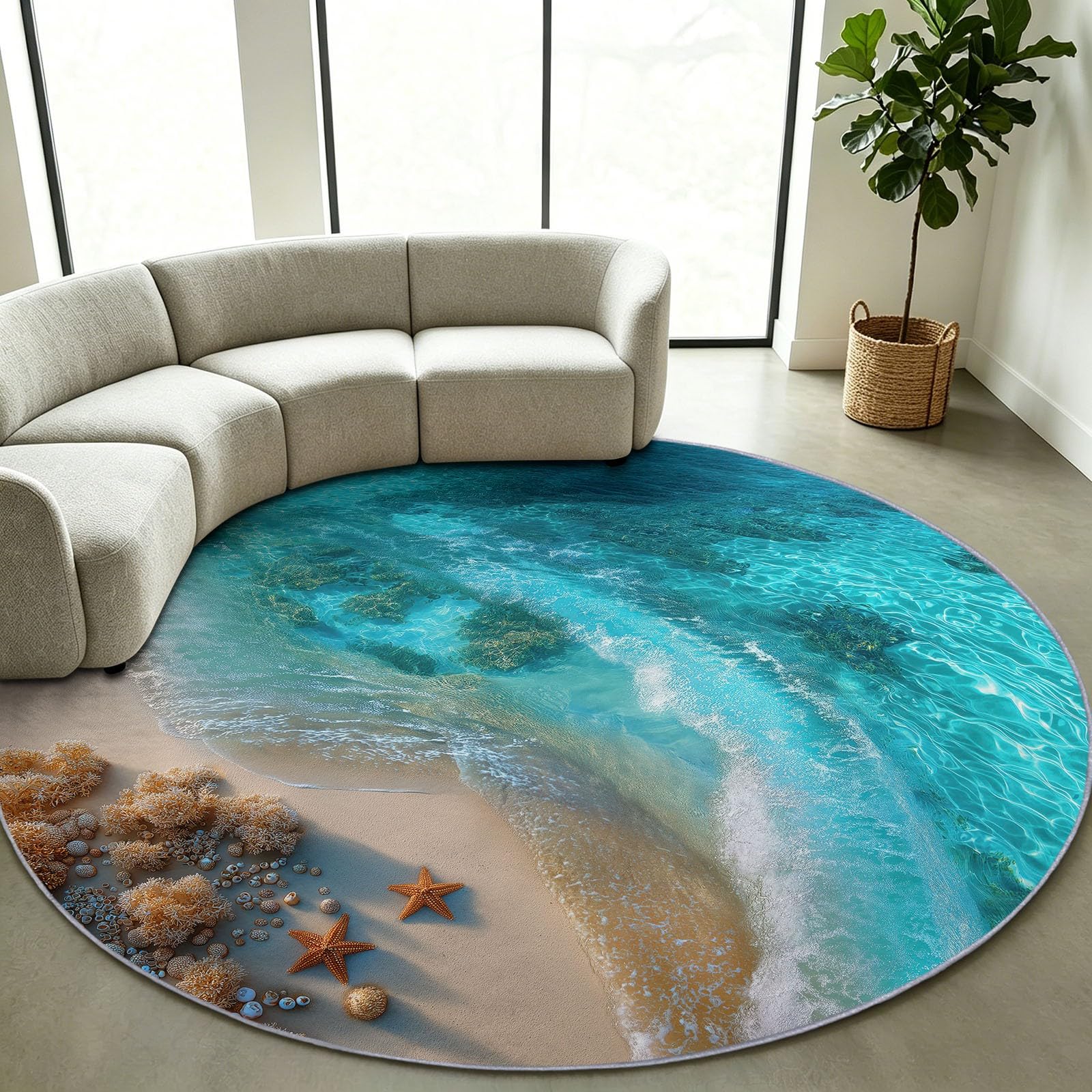 Generisch Rund Teppich 140 cm Küste Strand Kurzflor Waschbarer rutschfest