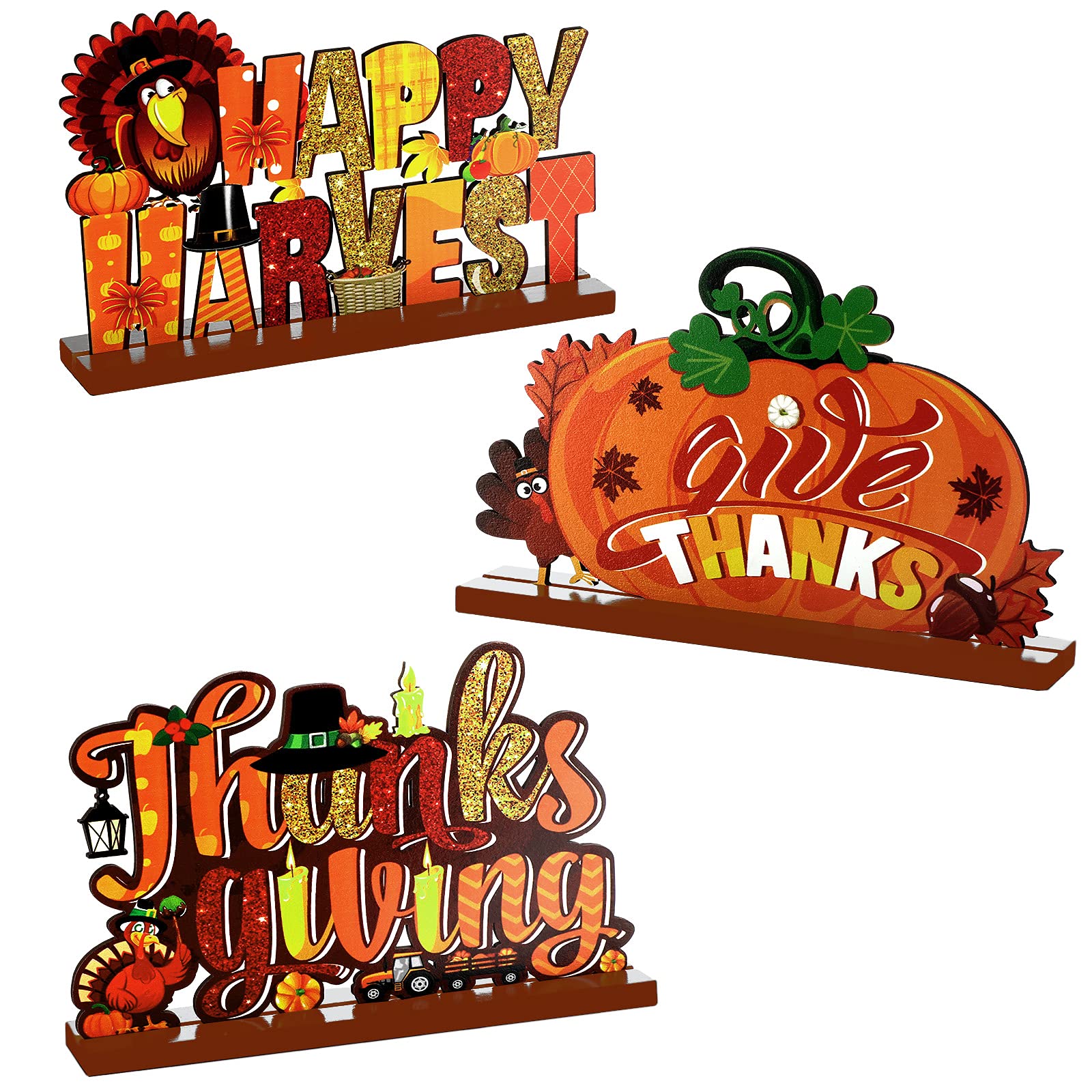 Blulu 3 Pieces Thanksgiving Wood Tabletop Decor Happy Harvest Give Thanks Thanksgiving Wood Sign Thanksgiving Wooden Table Centerpieces for Thanksgiving Party Home Kitchen Shelf Table Decoration