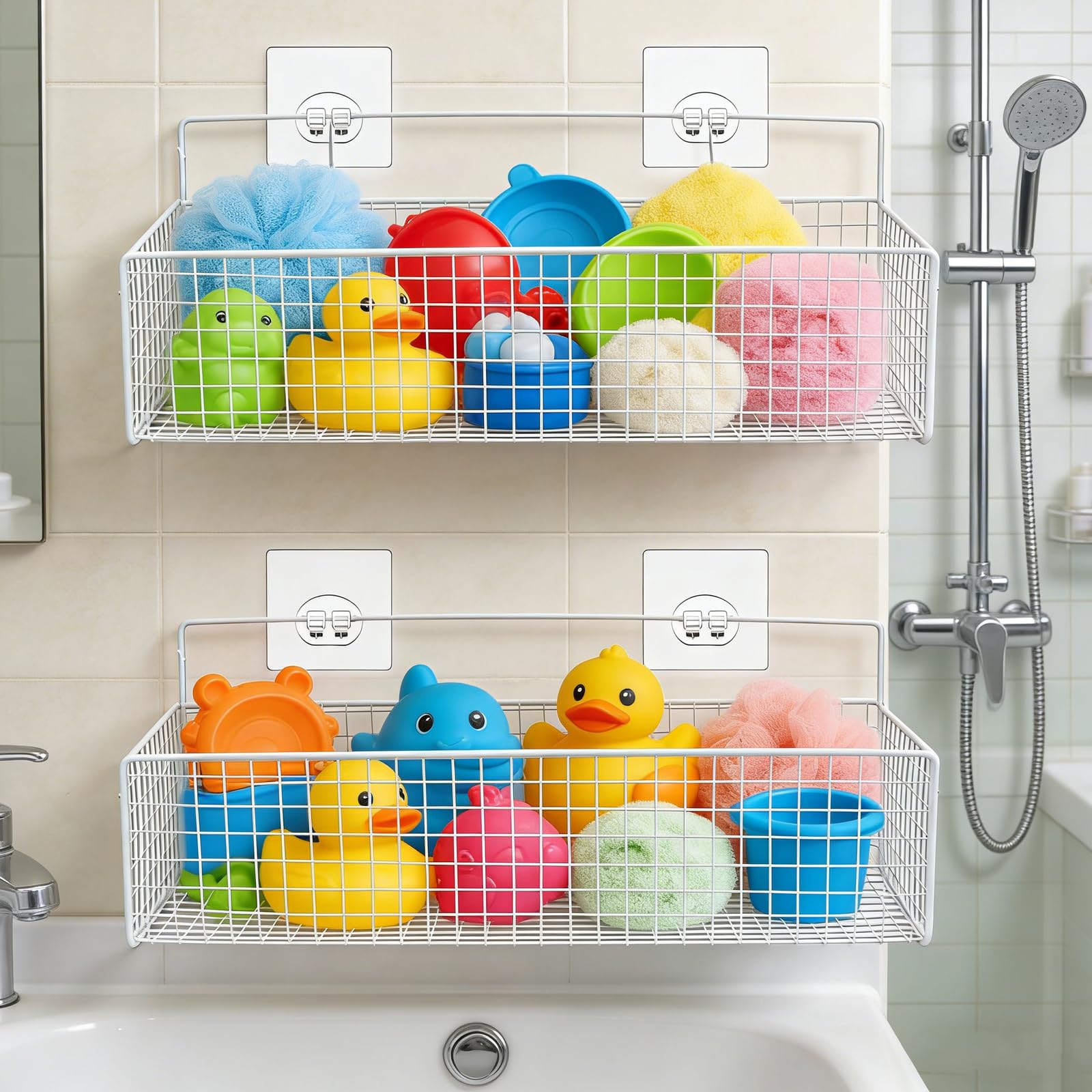 Badespielzeug-Aufbewahrung, 2 Stück, Metallnetz, Badespielzeug-Organizer für Badewanne, Wand und Dusche, große Kapazität, Duschspielzeughalter mit rostfreiem Hängekorb-Design für Toilette, Badezimmer