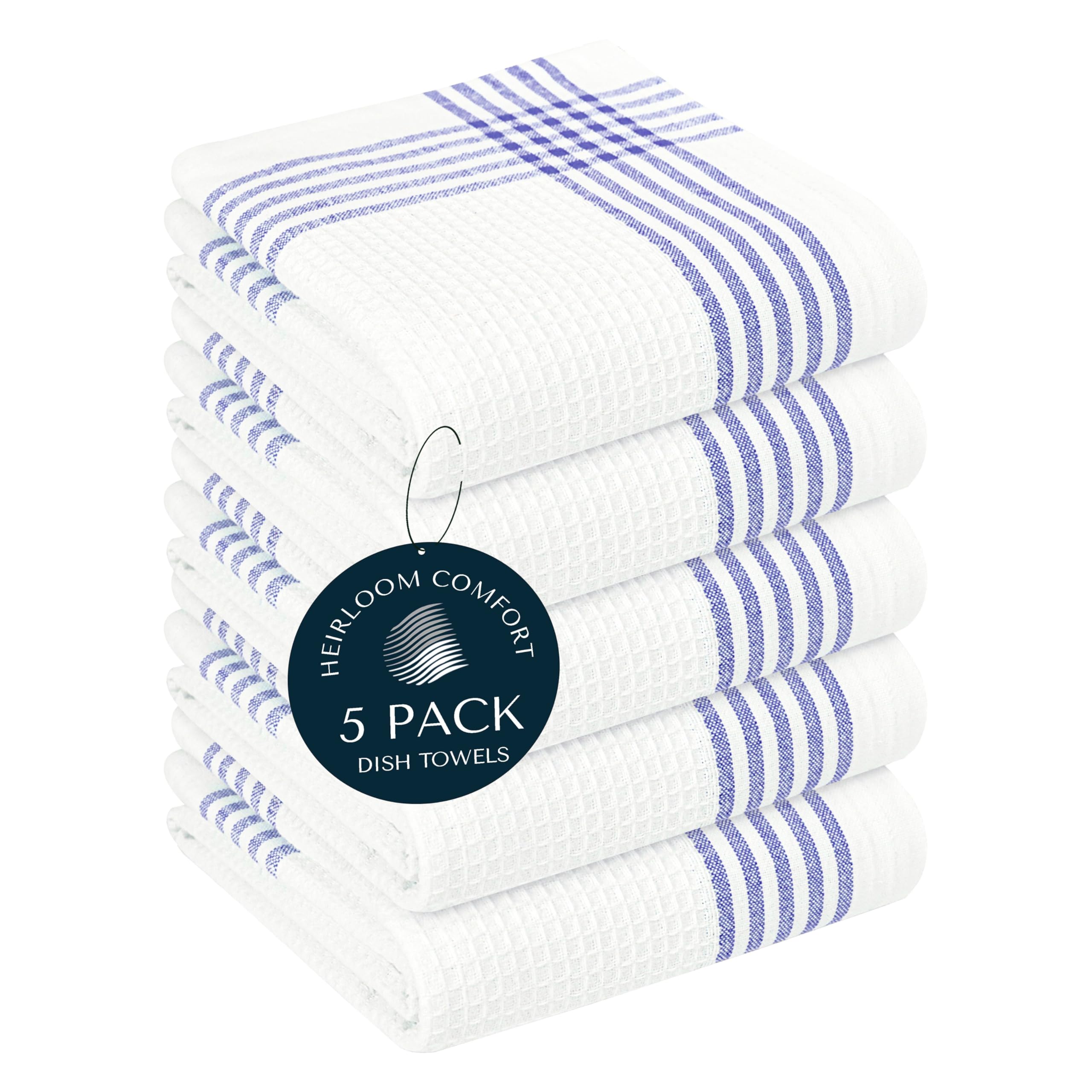 HEIRLOOM COMFORT Indigo Blue and White Waffle Kitchen Towels 5 Pack, 40x66 cm, 100% Cotton, Absorbent & Quick Dry Dish Towels, Soft & Durable Cloths for Cooking, Drying, Cleaning, Machine Washable