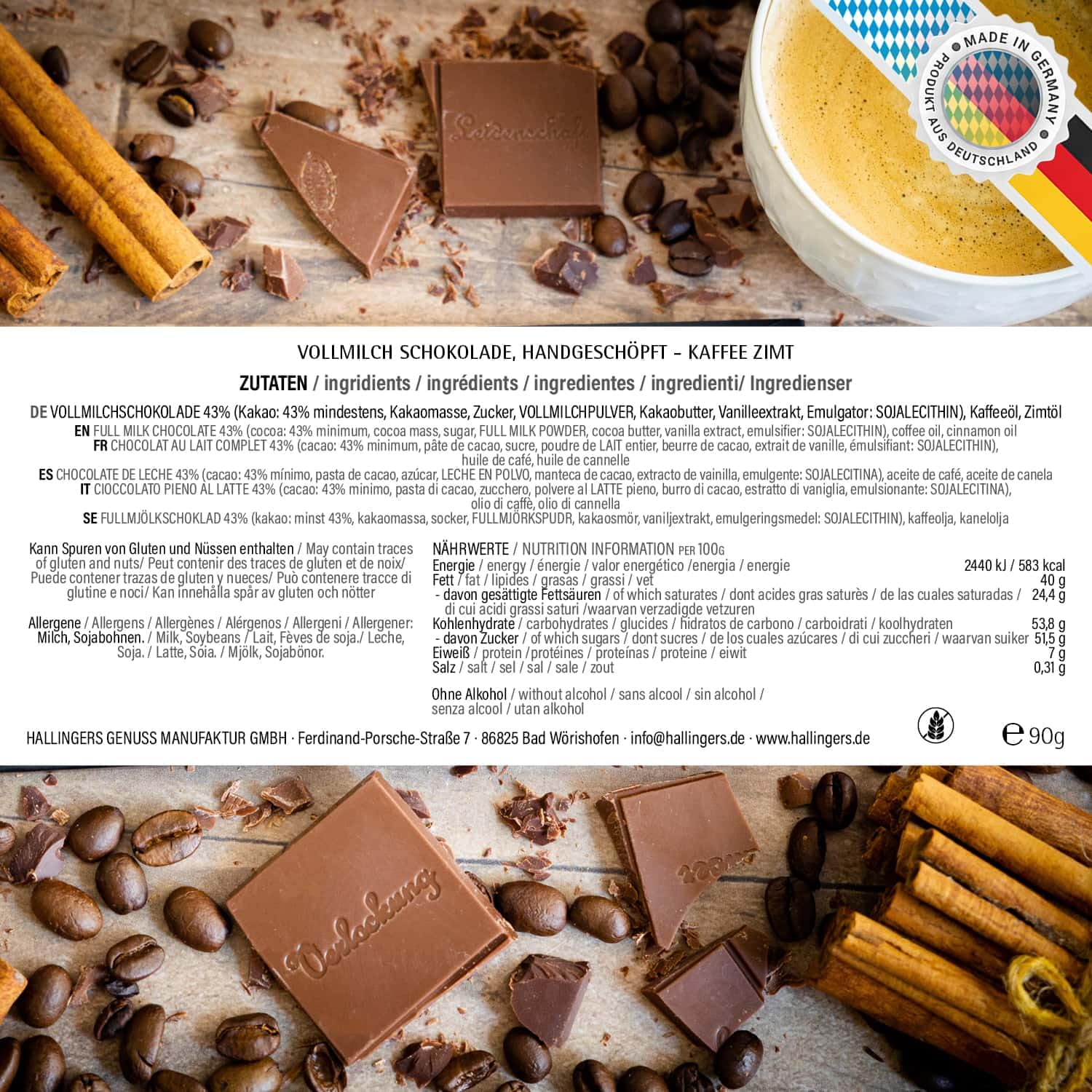 Hallingers Genuss Manufaktur Schokolade Weihnachts-Geschenk - Tafel Edelkakao handgeschöpft ohne Alkohol edler Karton 10x "Merry Christmas" Kaffee-Zimt, Weihnachten für Frauen Männer