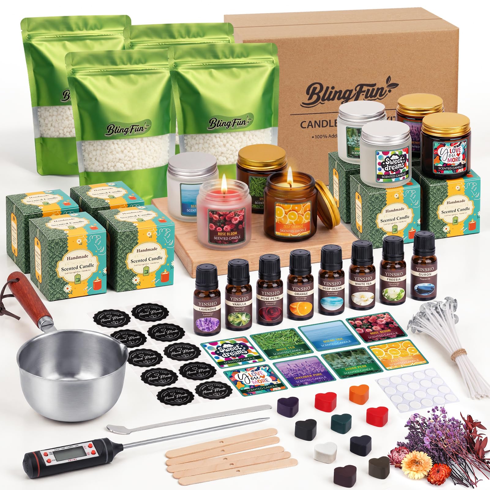 Blingfun Kit de fabricación de velas de soja: juego completo con cera de soja de 1 libra y 2 libras, mechas, olla con mango de madera, cuchara, latas de 4 onzas, calcomanías, etiquetas hechas a mano