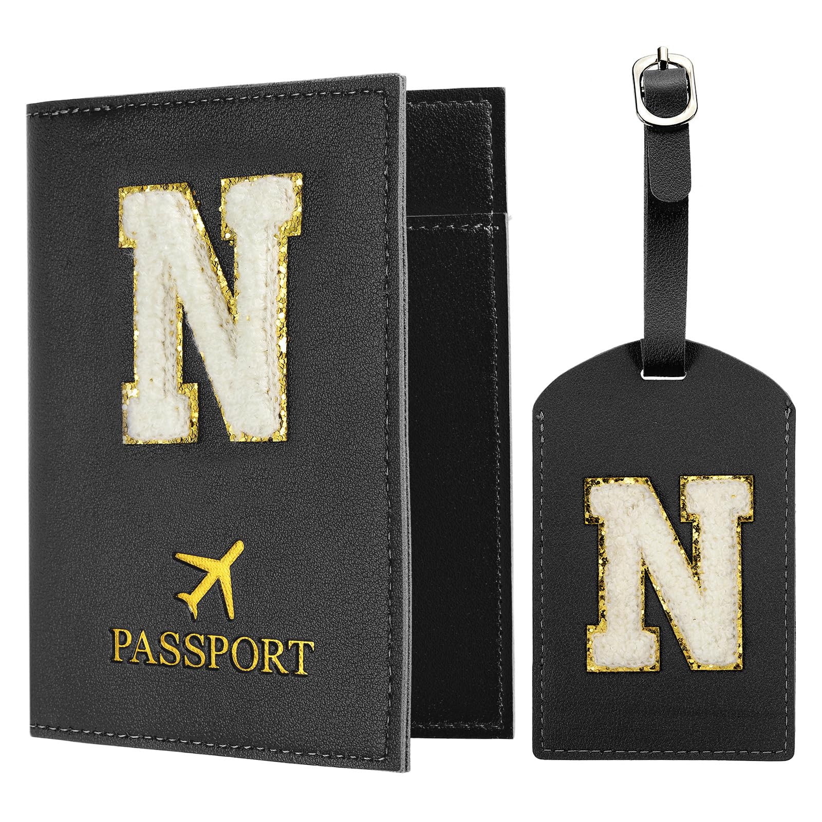 PATIKIL Passport Holder for Travel, Initial Passport Cover and Luggage Tag Set with Alphabet Chenille Letter Patch Travel Wallet Bag Suitcase