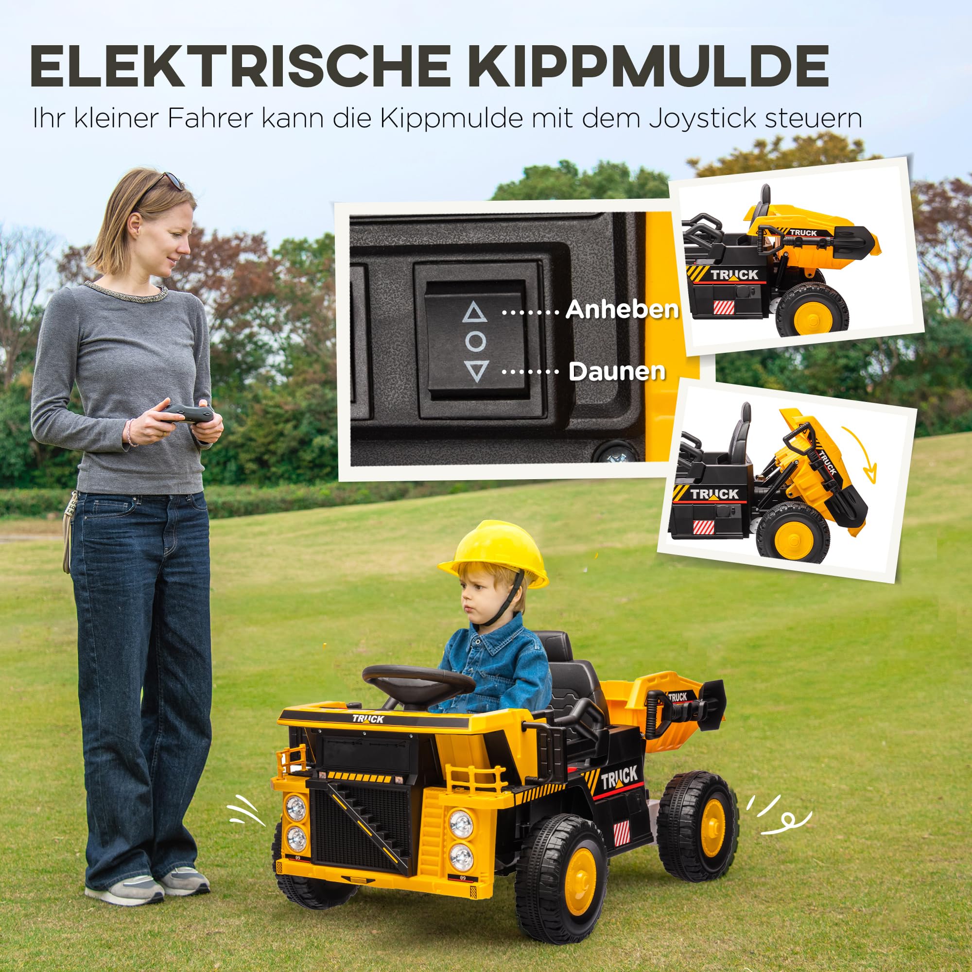AIYAPLAY Elektrischer Traktor mit Schaufel, 12 V, für 3-5 Jahre, Gelb | Kinder Aufsitztraktor, Selbstfahrend, Kinder Elektroauto mit MP3 Funktion, Kinderfahrzeug mit Scheinwerfer, 3-6 km/h