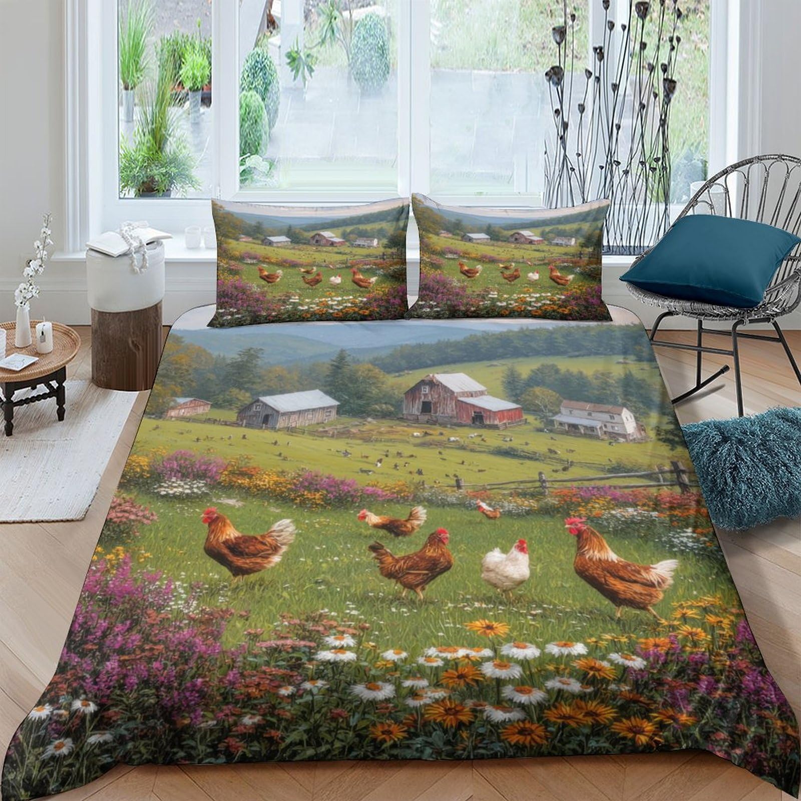 Ctjqhvkz Style-6 3D Printed Farmhouse Chicken Fitted Sheet Microfiber Soft Green Pastoral Barn Mattress Cover For Bedroom Guest Room Decor Single（135X200cm）
