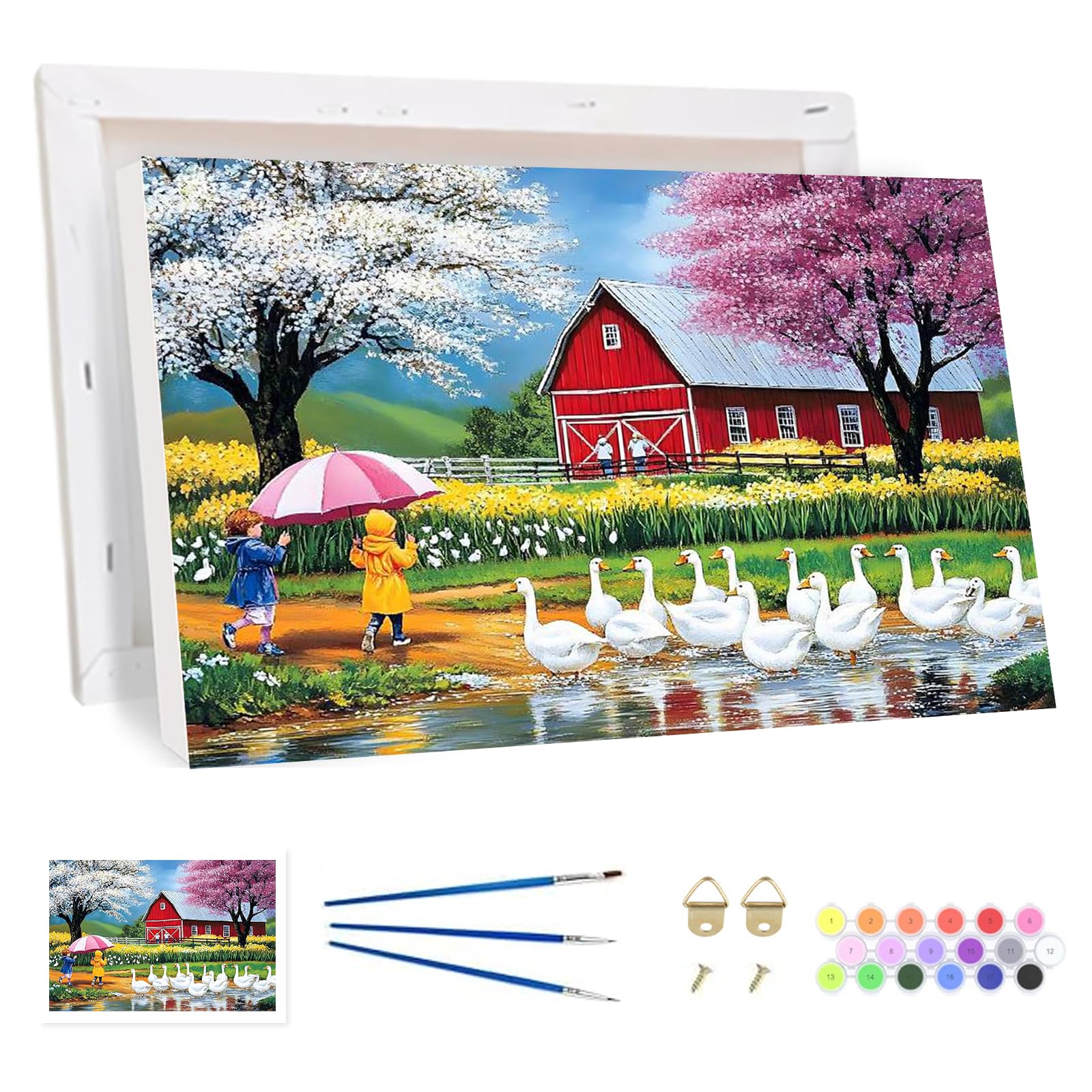 Bowetile Framed White Geese Paint by Numbers for Adults, Landscape Painting by Numbers Kit for Adults Beginners Canvas Kit, DIY Color Oil Painting Acrylic Paints for Home Wall Decor 20x30cm