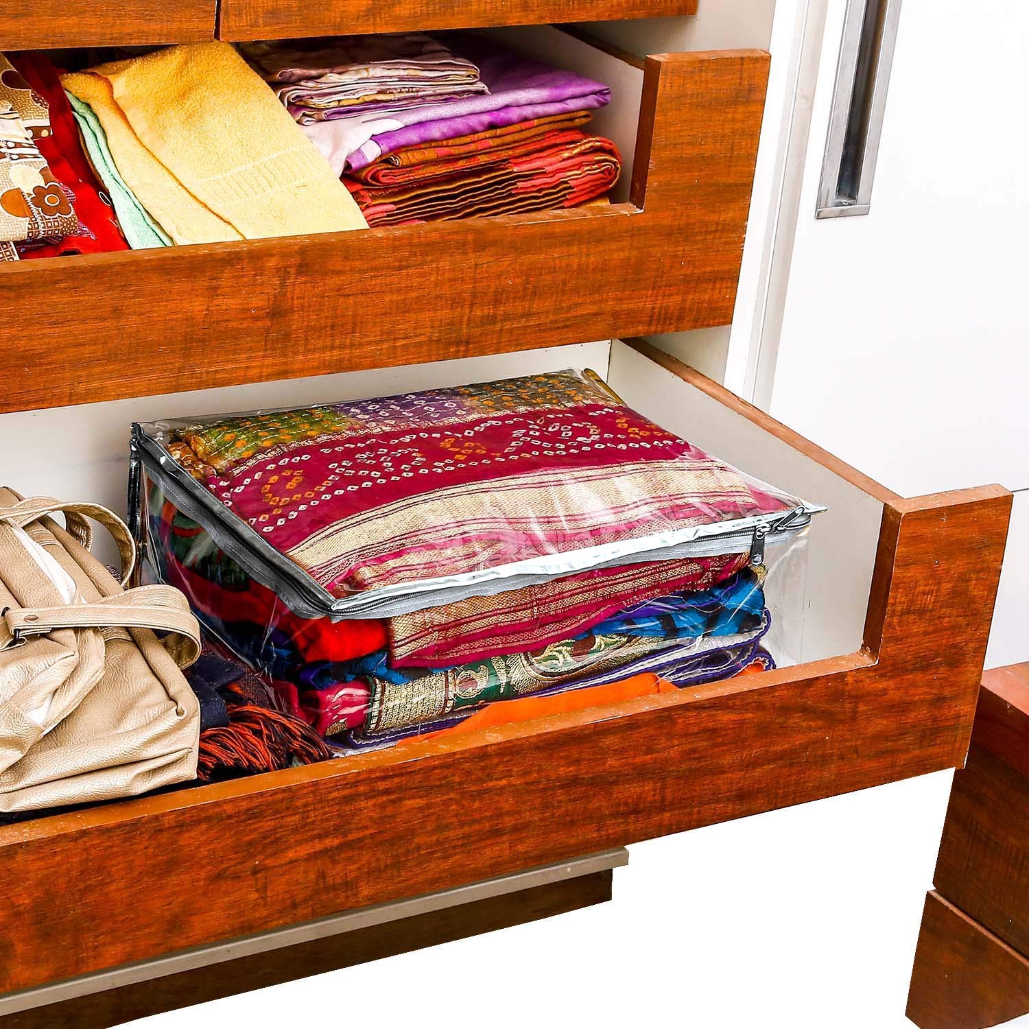 Kuber Industries 43 x 33 x 22 CM PVC Clothes Organizer For Wardrobe (Pack of 2) - Storage Organizer For Saree | Dress Organizer For Wardrobe - Saree Covers (Transparent) (Silver) 1