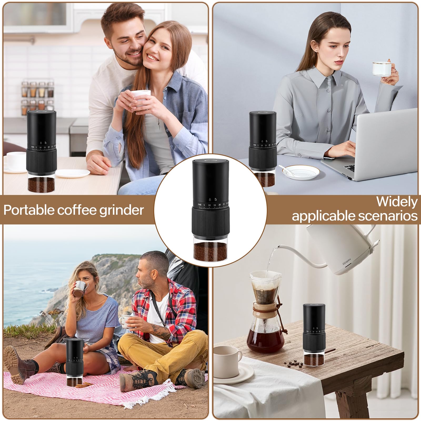 Moulin à café portable, petit moulin à café électrique avec 30 réglages, moulin à café rechargeable sans fil avec fraise conique en céramique et brosse de nettoyage pour voyage et camping