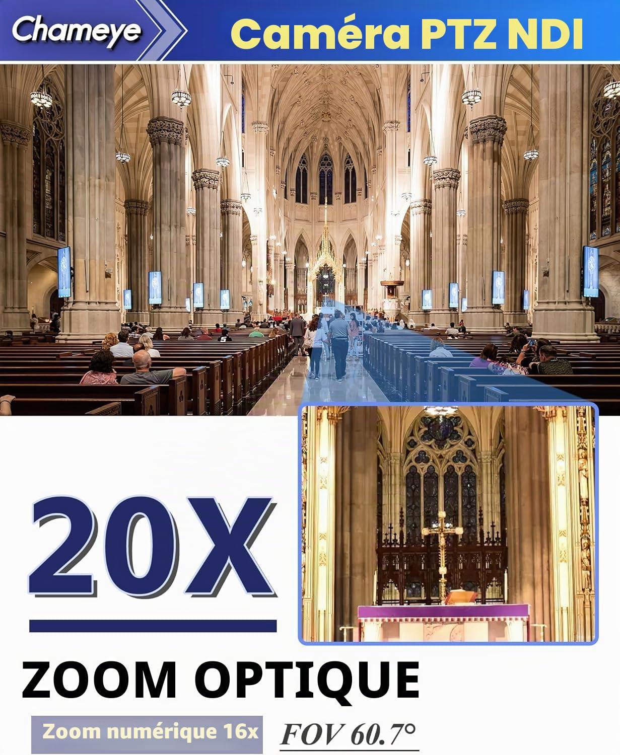 Chameye Caméra NDI PTZ avec 20x Zoom Optique, 1080p 60fps AI Suivi Automatique avec écran LCD, 3G-SDI HDMI USB3.0 LAN (PoE) pour Les Services Religieux, l'éducation, la Diffusion en Direct - C720N