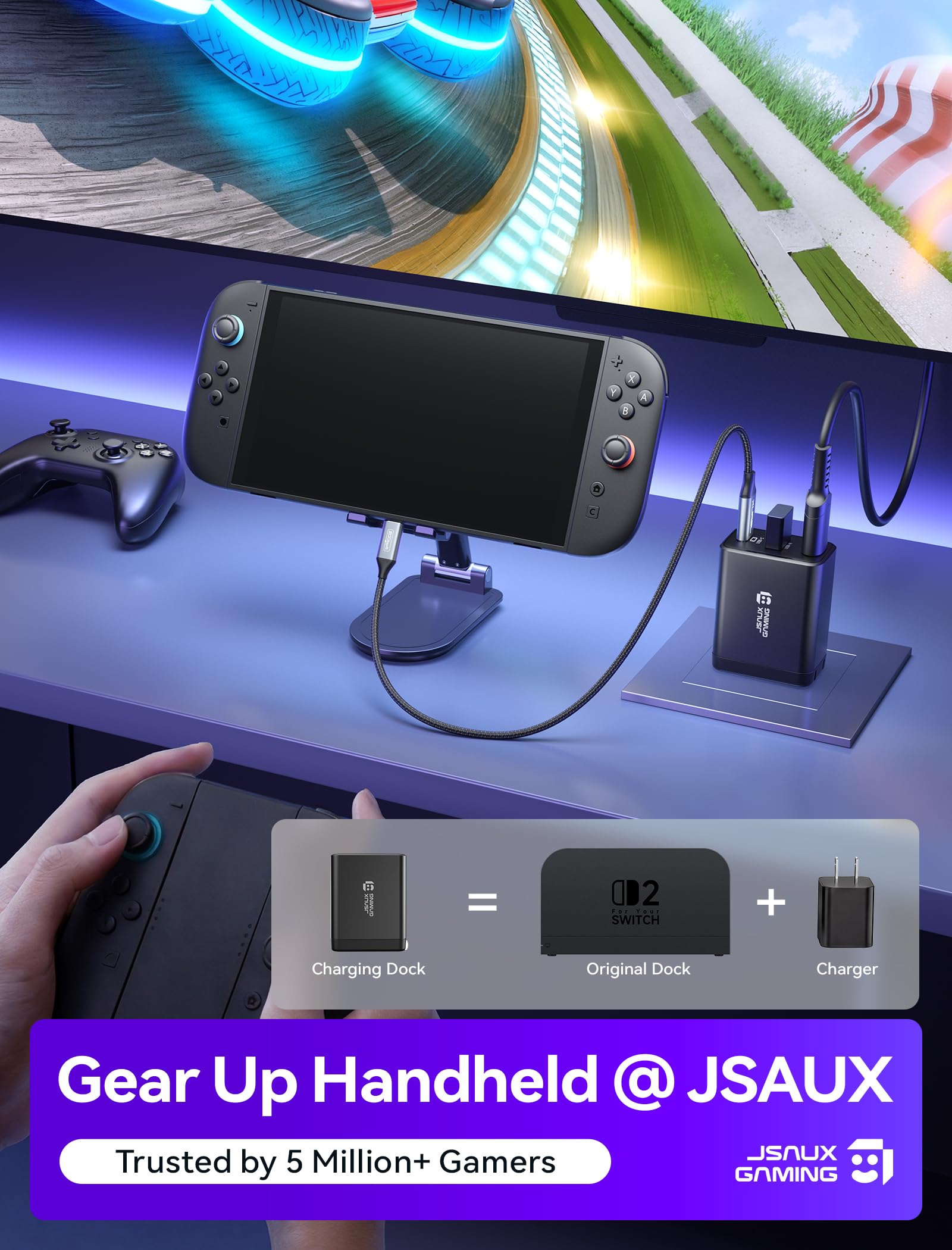 JSAUX Przełącznik 65 W, 2 stacje dokujące, 4K 120 Hz HDMI, port USB A