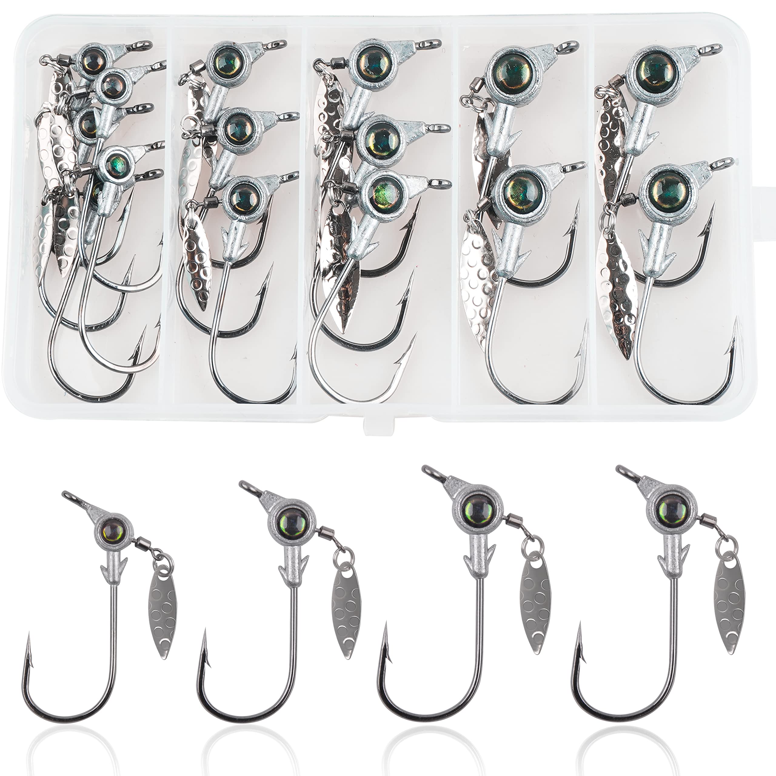 Underspin Jig Heads,12/15pcs Swimbait Jig Heads Fishing Hooks with Underspin Spinner Blades 3D Eyes Swim Bait Crappie Jigs for Bass Fishing Saltwater