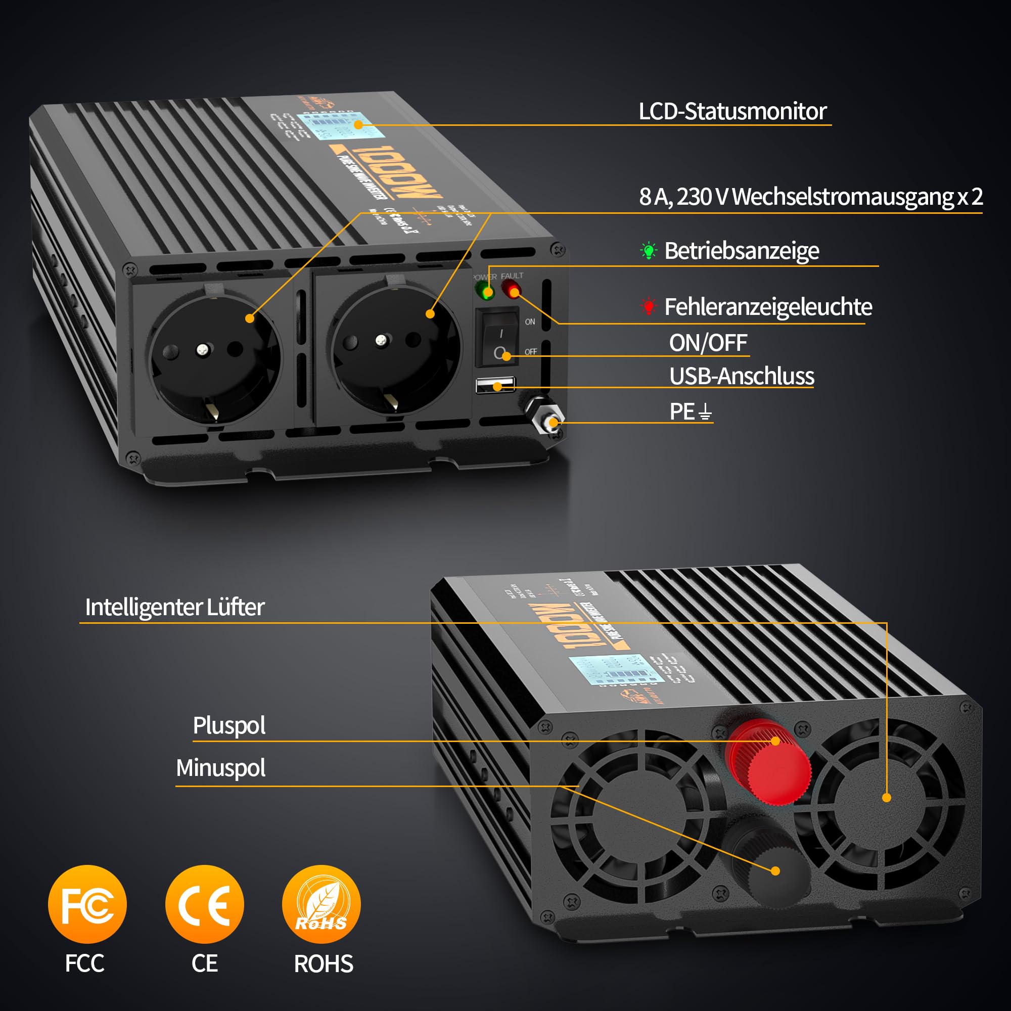 Convertitore di tensione da 1000 W/2000 W, sinusoidale pura, 12 V a 230 V, convertitore di corrente con display digitale a LED e 2 prese per auto, ricarica la macchina da caffè, frigorifero