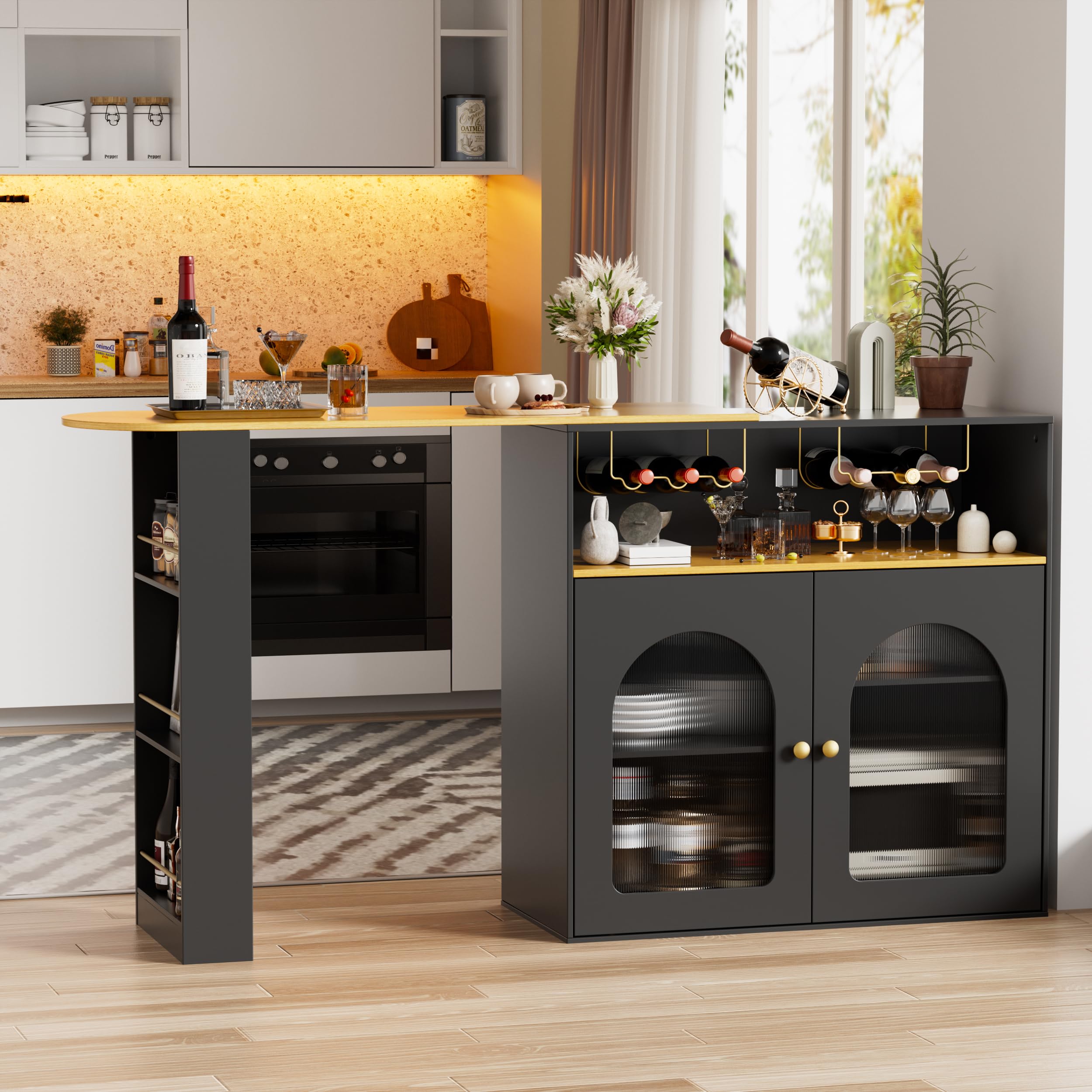 MSFE Mesa de Bar con Espacio de Almacenamiento, Mueble de Bar Extensible con Botellero y Soporte para Cristal, Mesa Alta Tipo Bistró de Cocina, Mesa Barra Cocina Alta, (136-201 x 39 x 105 cm)