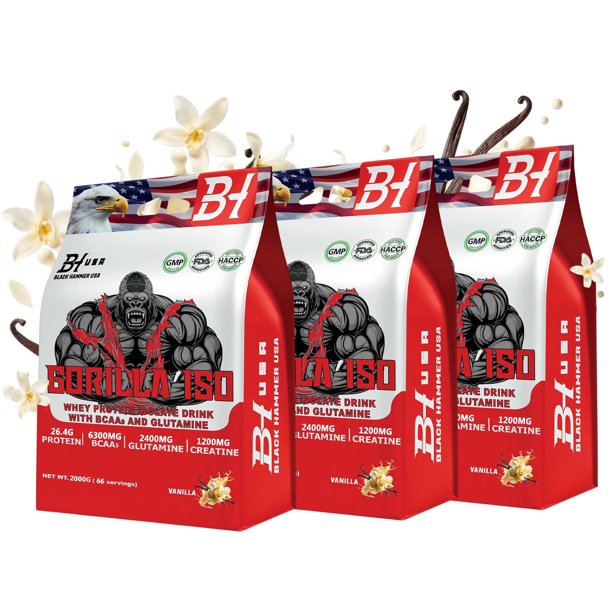 3 x Gorilla ISO Whey Protein Isolate 2KG Bundle (6KG Total) | 88% Protein | Added Creatine, Glutamine & BCAAs | Low Sugar - Black Hammer USA (Vanille)