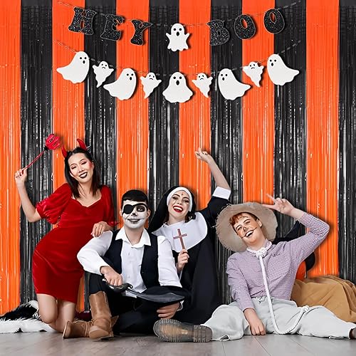 Miniatura 2 de BRAVESHINE Cortinas de fondo de fotos de oropel  2 unidades de 3.2 x 8.2 pies de cortina de flecos de aluminio negro naranja para cumpleaños,