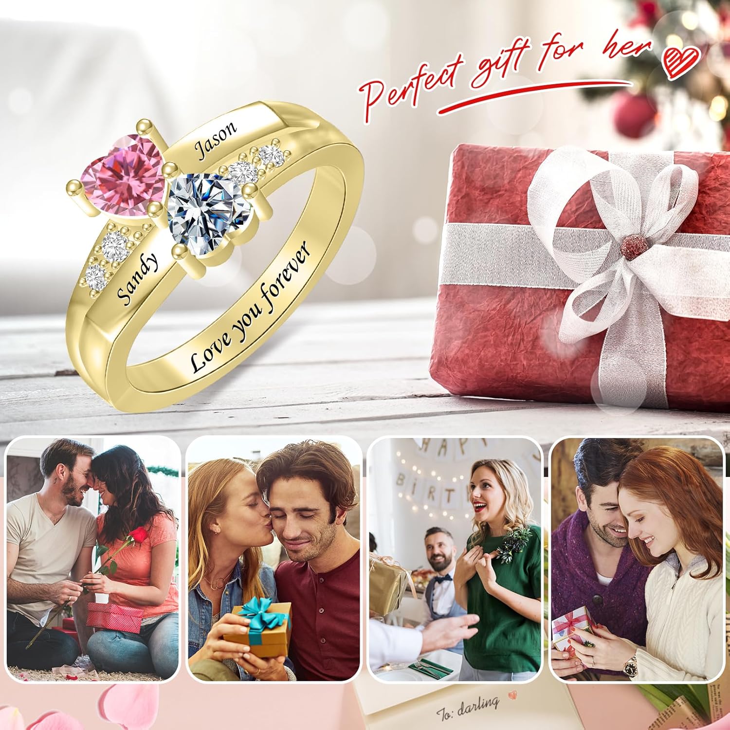 925 Sterling Silver Personalized 2 Birthstones Rings Custom Heart Ring for Couple Free Engraving Promise Ring Engagement Ring for Women Gifts for Wife Girlfriend