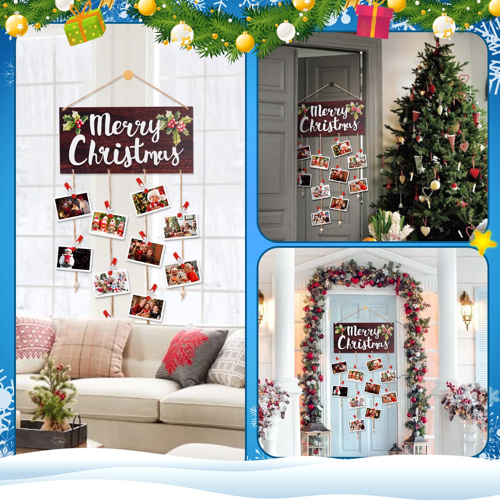 Ychelhr Christmas Card Holder, Merry Christmas Wooden Hanging Picture Display with 30 Photo Clips for Xmas Cards Home Wall - Image 2