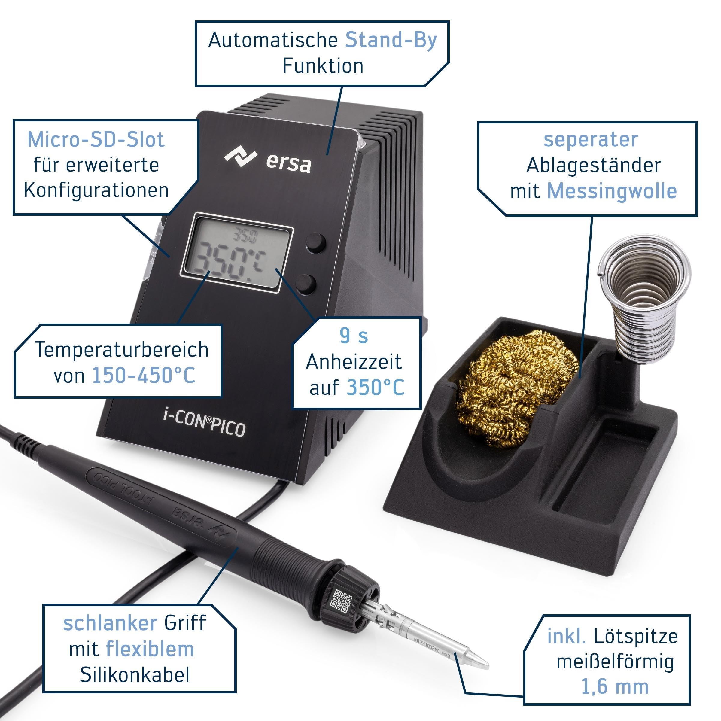 ERSA i-CON PICO MK2 Stazione di saldatura digitale 80 Watt 150-450°C i-TOOL PICO MK2 saldatore TIP'N TURN punta 1,6 mm standby