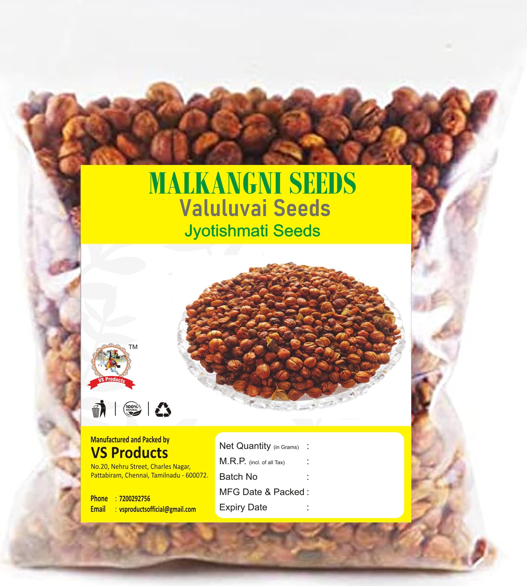 VS Products Malkangni Seeds, 50g, Jyotishmati Seeds, Celastrus Paniculatus Seeds, Valuluvai Seeds, Treats Brain related Disorder (pack of 1 x 50g)
