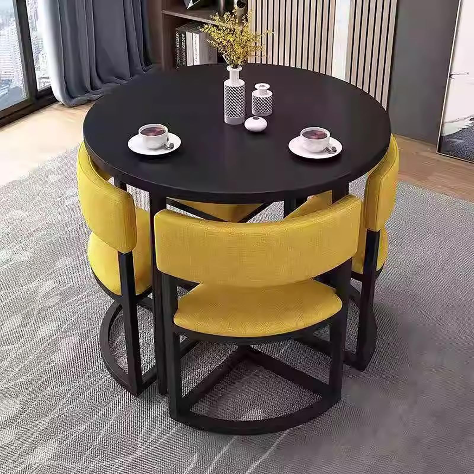 Juego de mesa de comedor redonda para 4 personas con 4 sillas, madera moderna, para cocina, sala de estar, pequeña oficina, recepción, mesa de centro negra