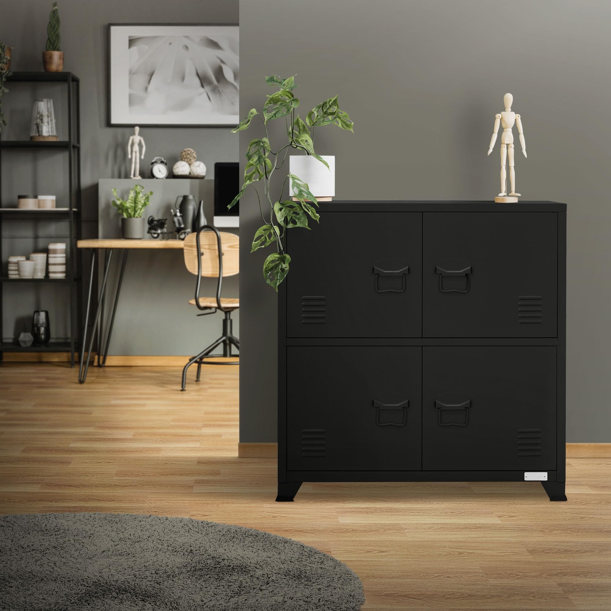 ML-Design Schedario da Ufficio 75x40x80,5 cm Nero Acciaio Mobile a 4 Gambe Armadietto in Metallo 4 Ante 2 Scomparti Interni Armadio Industriale Portadocumenti in Acciaio di Stoccaggio Portaoggetti