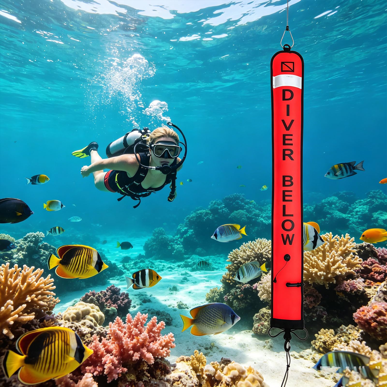 Generisch Marcatore per immersioni a gonfiaggio rapido, panno di nylon antistrappo, boccaglio pieghevole, boa di sicurezza per snorkeling in acque aperte, boa di sicurezza